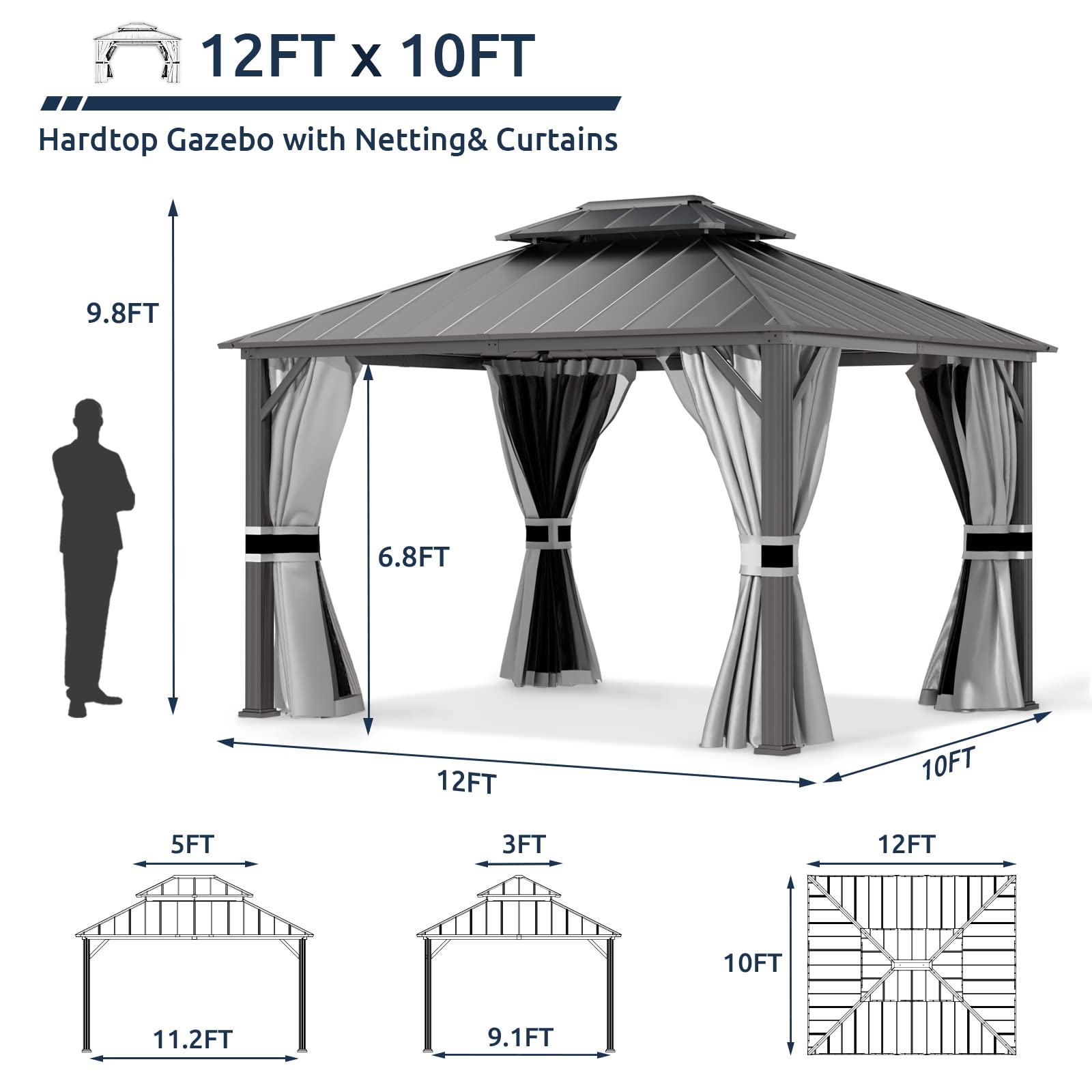 Hardtop Gazebo, Outdoor Aluminum Gazebo with Galvanized Steel Double Roof