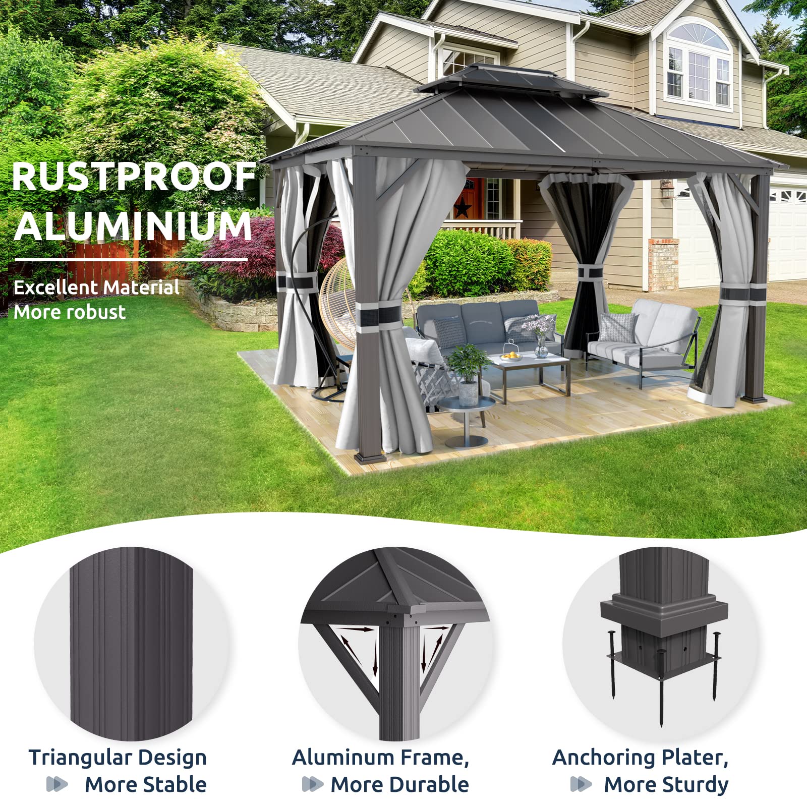 Hardtop Gazebo, Outdoor Aluminum Gazebo with Galvanized Steel Double Roof