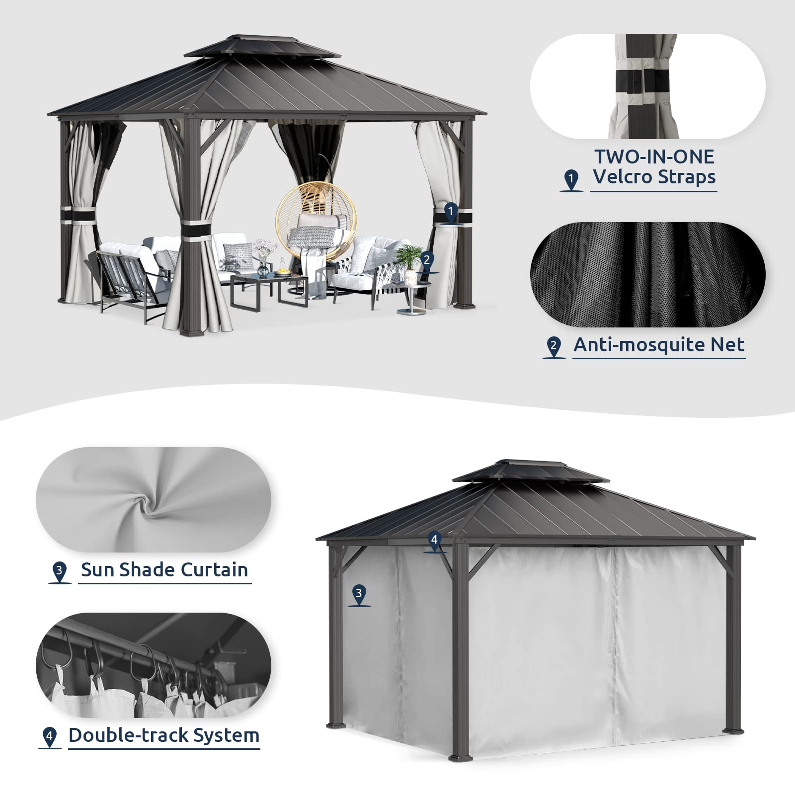 Hardtop Gazebo, Outdoor Aluminum Gazebo with Galvanized Steel Double Roof