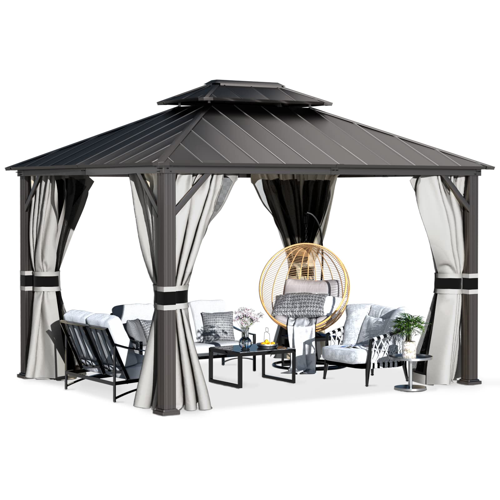 Hardtop Gazebo, Outdoor Aluminum Gazebo with Galvanized Steel Double Roof