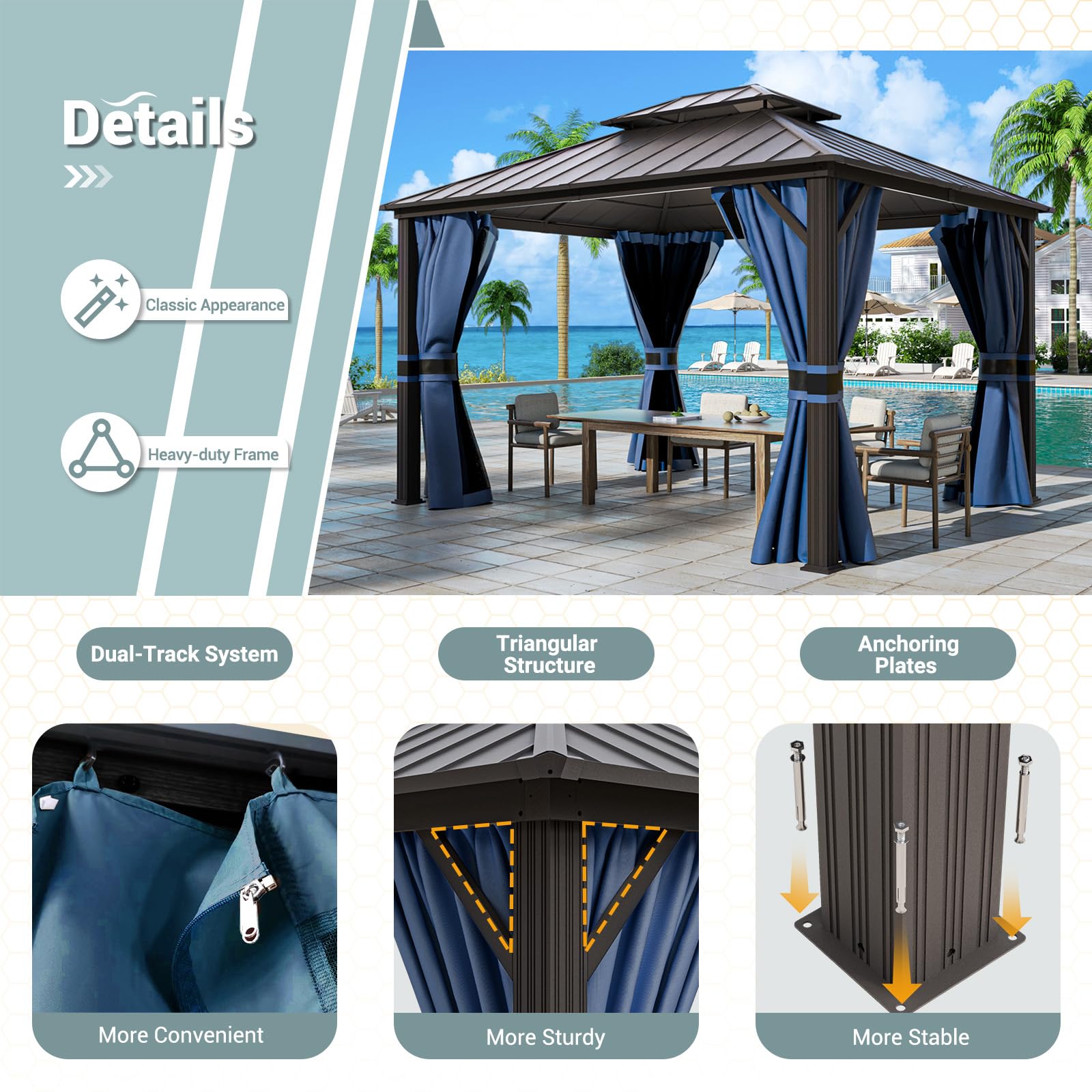 Hardtop Gazebo, Outdoor Aluminum Gazebo with Galvanized Steel Double Roof