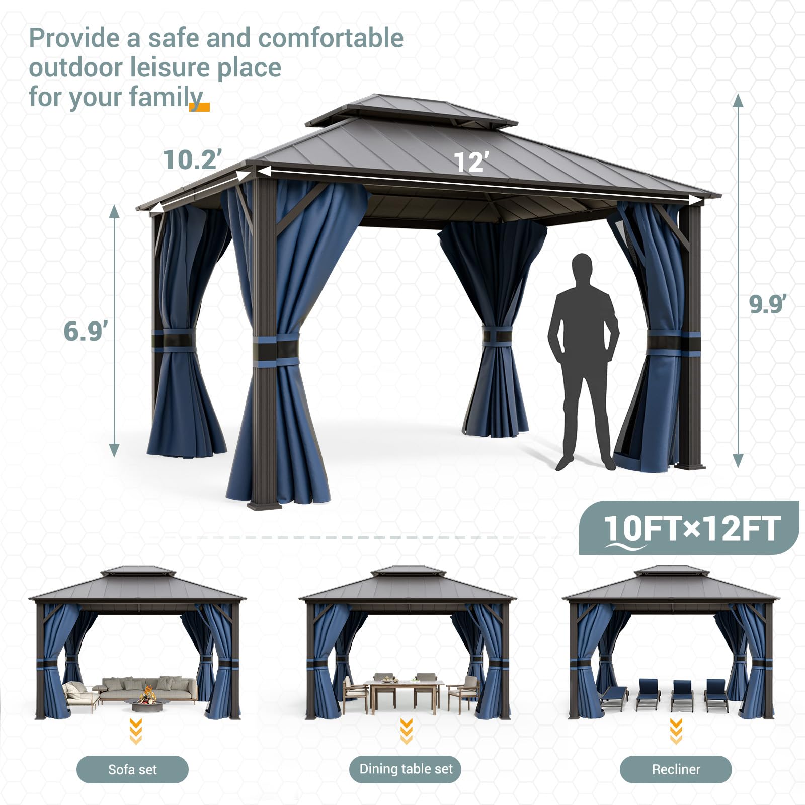Hardtop Gazebo, Outdoor Aluminum Gazebo with Galvanized Steel Double Roof