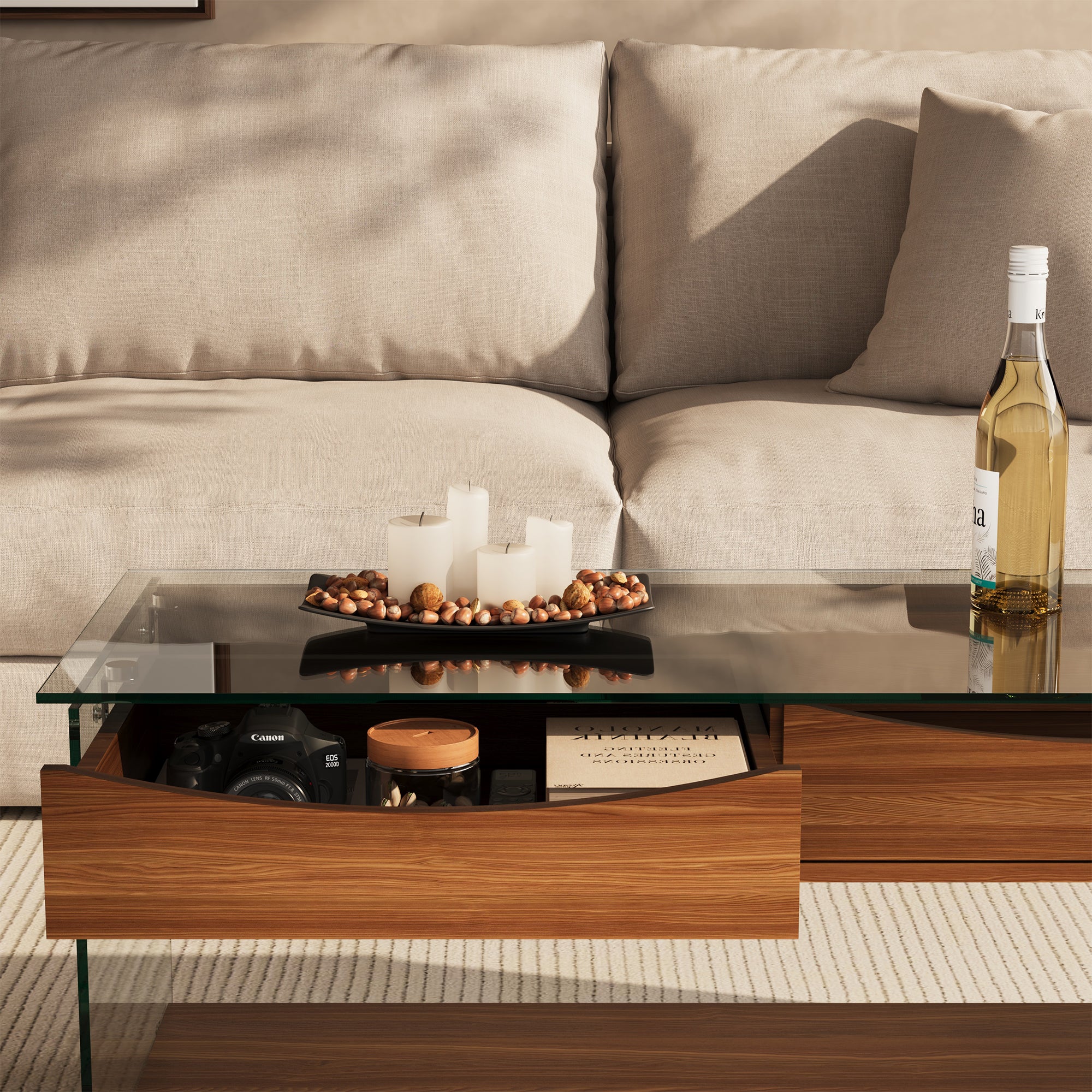 43'' W Rectangular Glass Coffee Table with Storage Drawers & Shelf Tempered Glass Top Walnut Finish Modern Center Table for Living Room