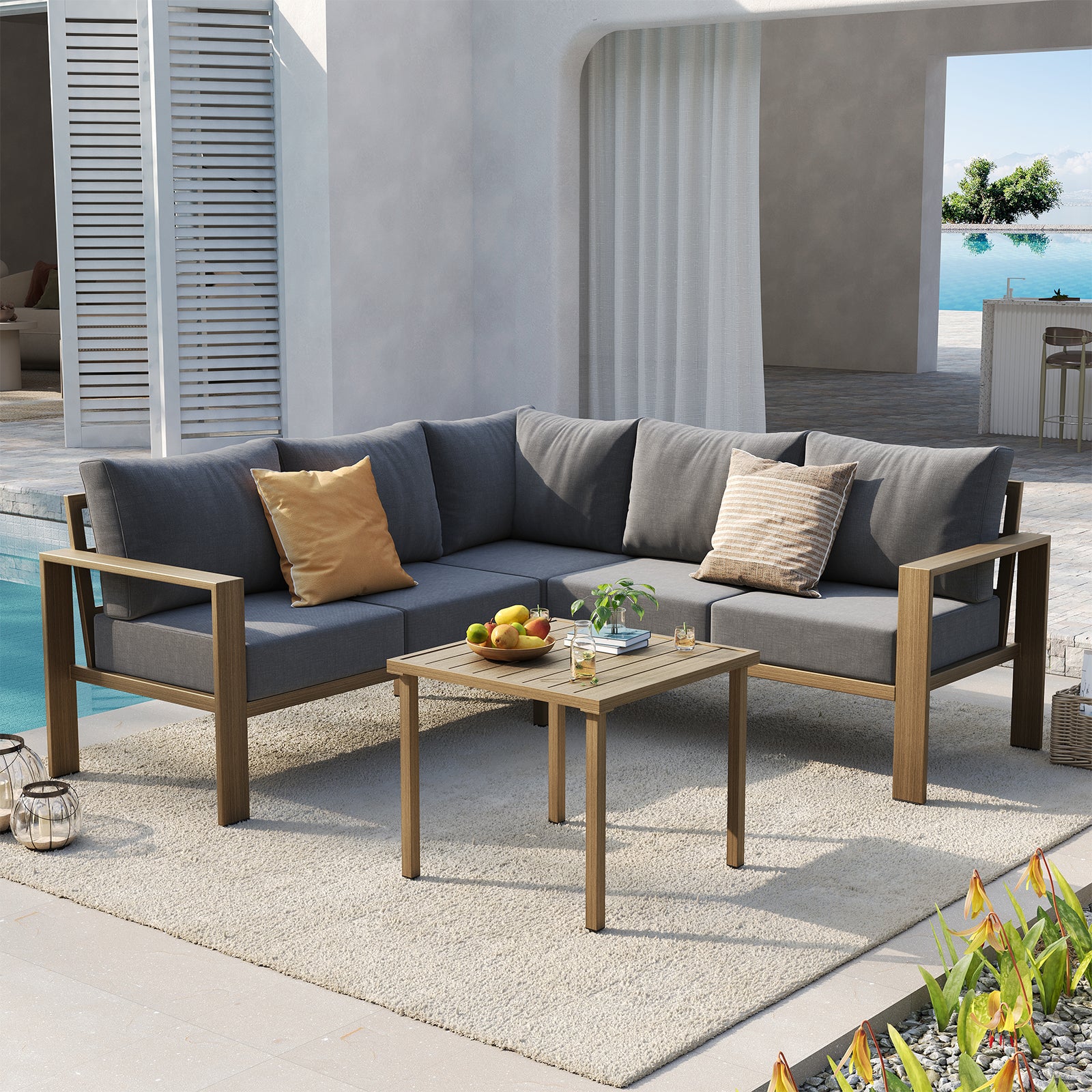 UDPATIO 6 Piece Patio Furniture Set, Faux Wood Metal Outdoor Sectional Sofa with 6" Thick Olefin Cushions, Wide Armrest & Coffee Table, L Shaped Outdoor Furniture for Garden, Backyard