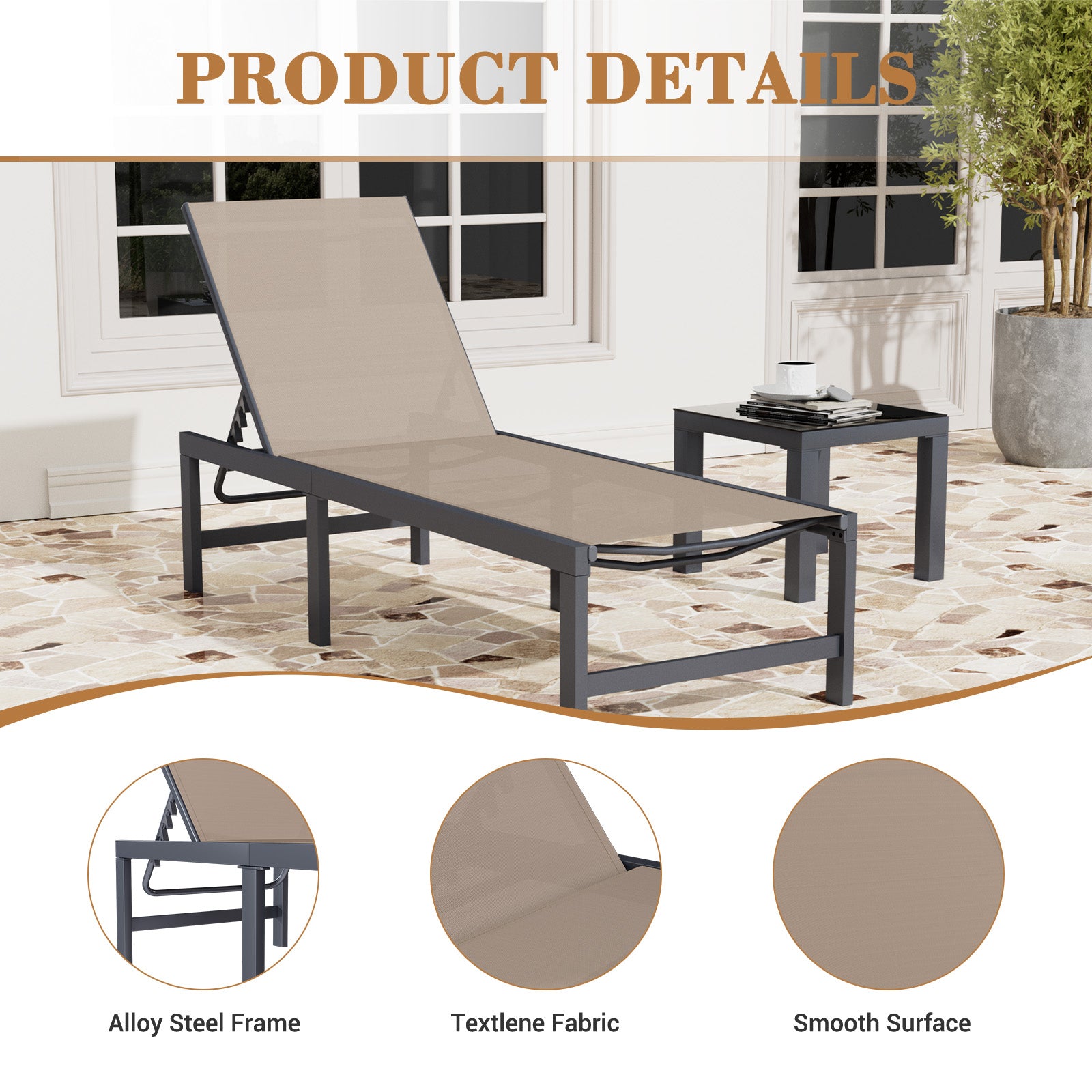 Outdoor Chaise Lounge 3 Pieces Pool Lounge Chair, Adjustable Lounge Poolside Lay Flat Sunbathing Backrest with Table for Patio, Beach, Yard, Pool (Brown)