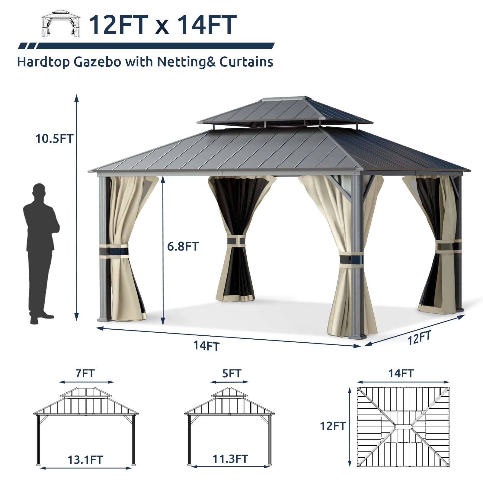 Hardtop Gazebo, Outdoor Aluminum Gazebo with Galvanized Steel Double Roof