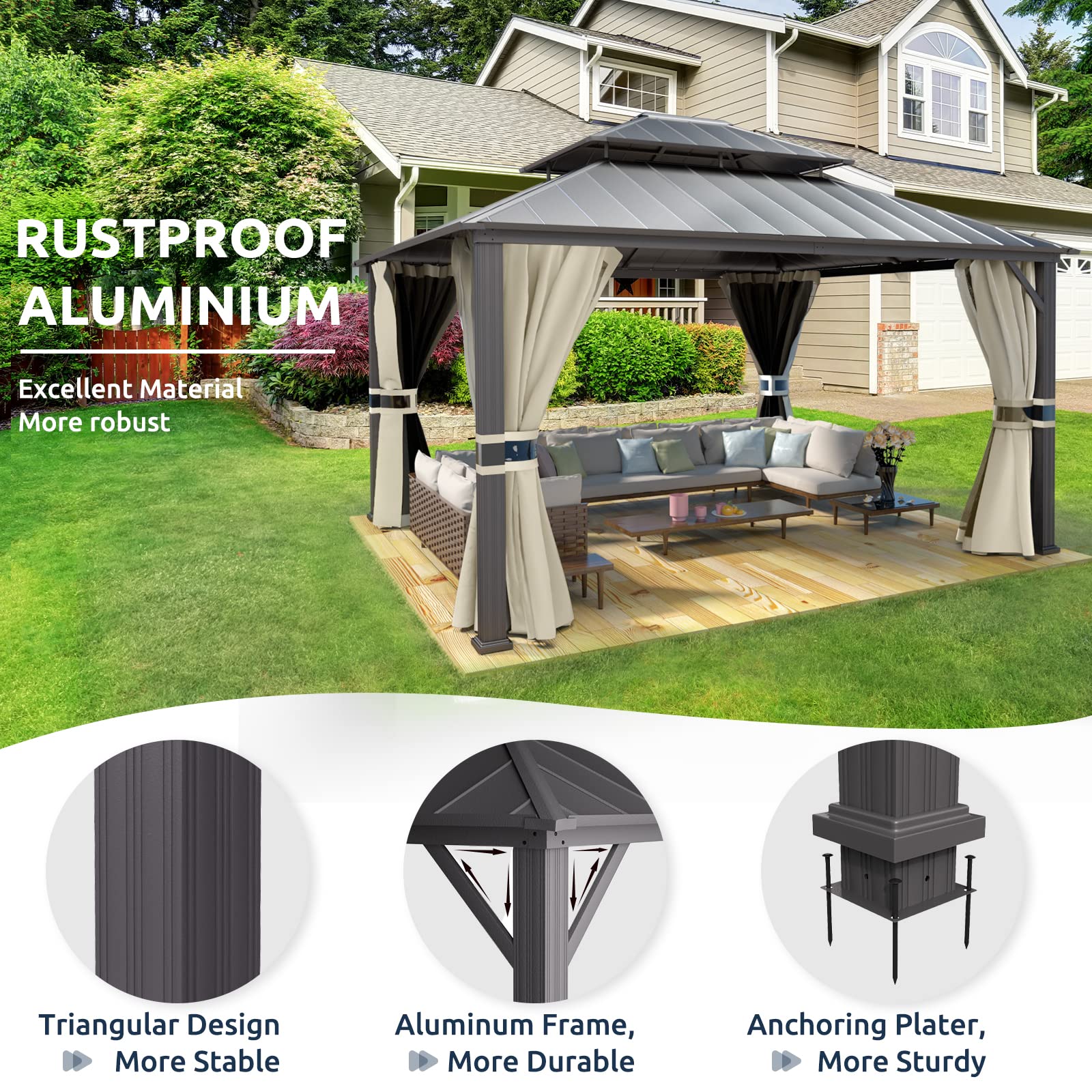 Hardtop Gazebo, Outdoor Aluminum Gazebo with Galvanized Steel Double Roof