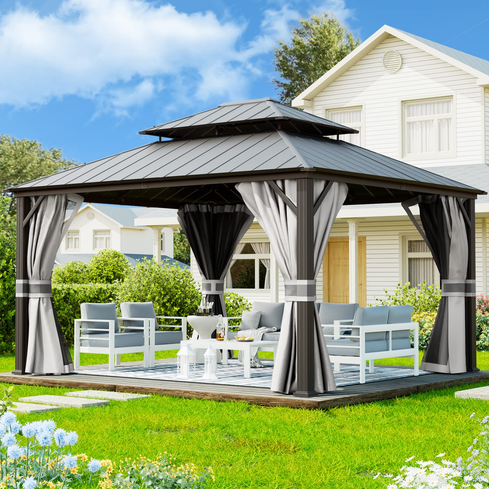 Hardtop Gazebo, Outdoor Aluminum Gazebo with Galvanized Steel Double Roof
