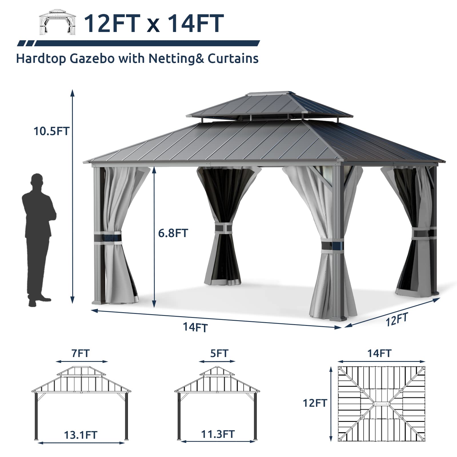 Hardtop Gazebo, Outdoor Aluminum Gazebo with Galvanized Steel Double Roof