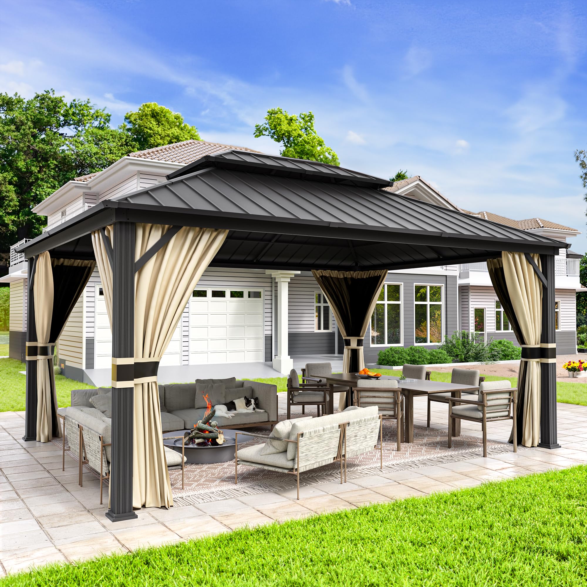 Hardtop Gazebo, Outdoor Aluminum Gazebo with Galvanized Steel Double Roof