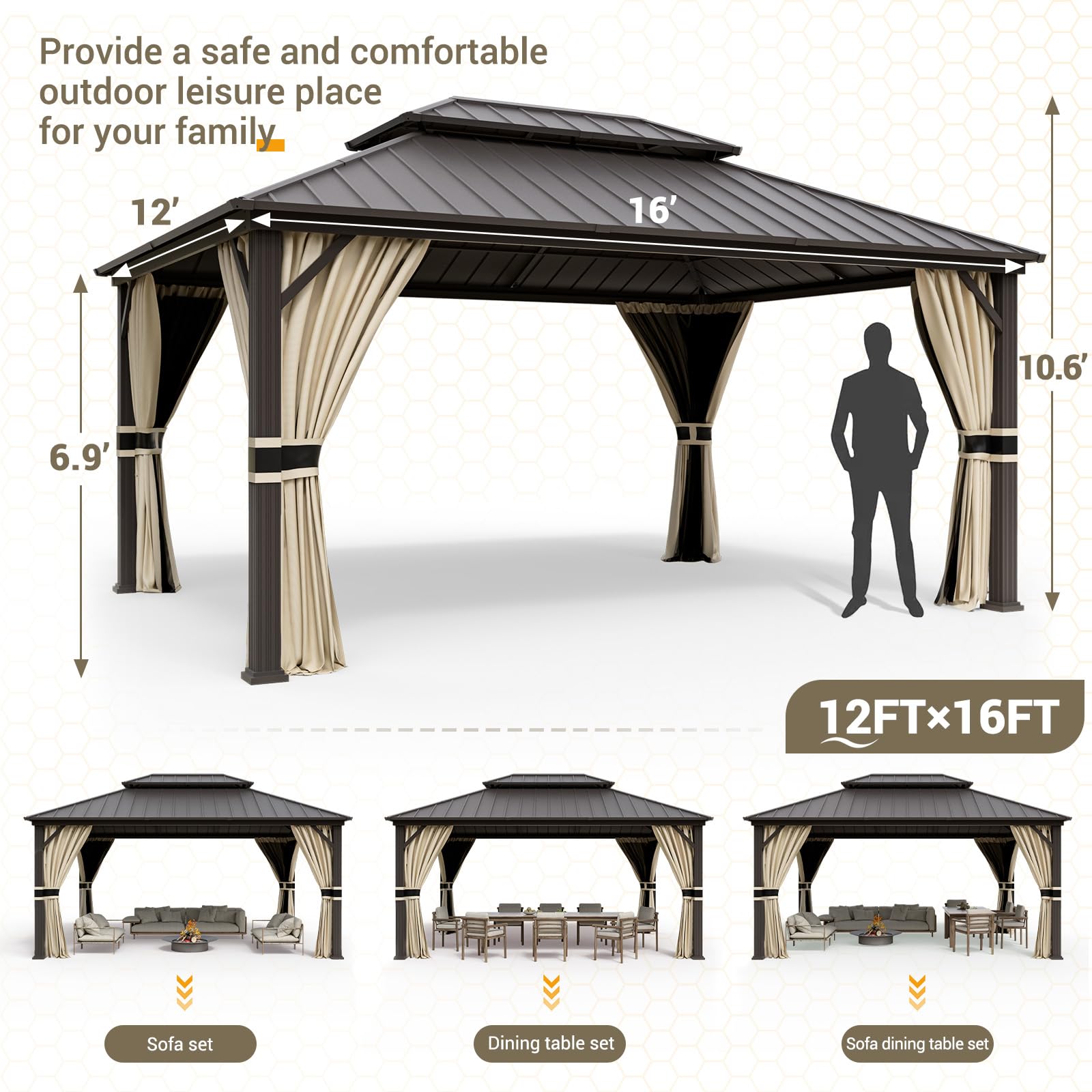 Hardtop Gazebo, Outdoor Aluminum Gazebo with Galvanized Steel Double Roof