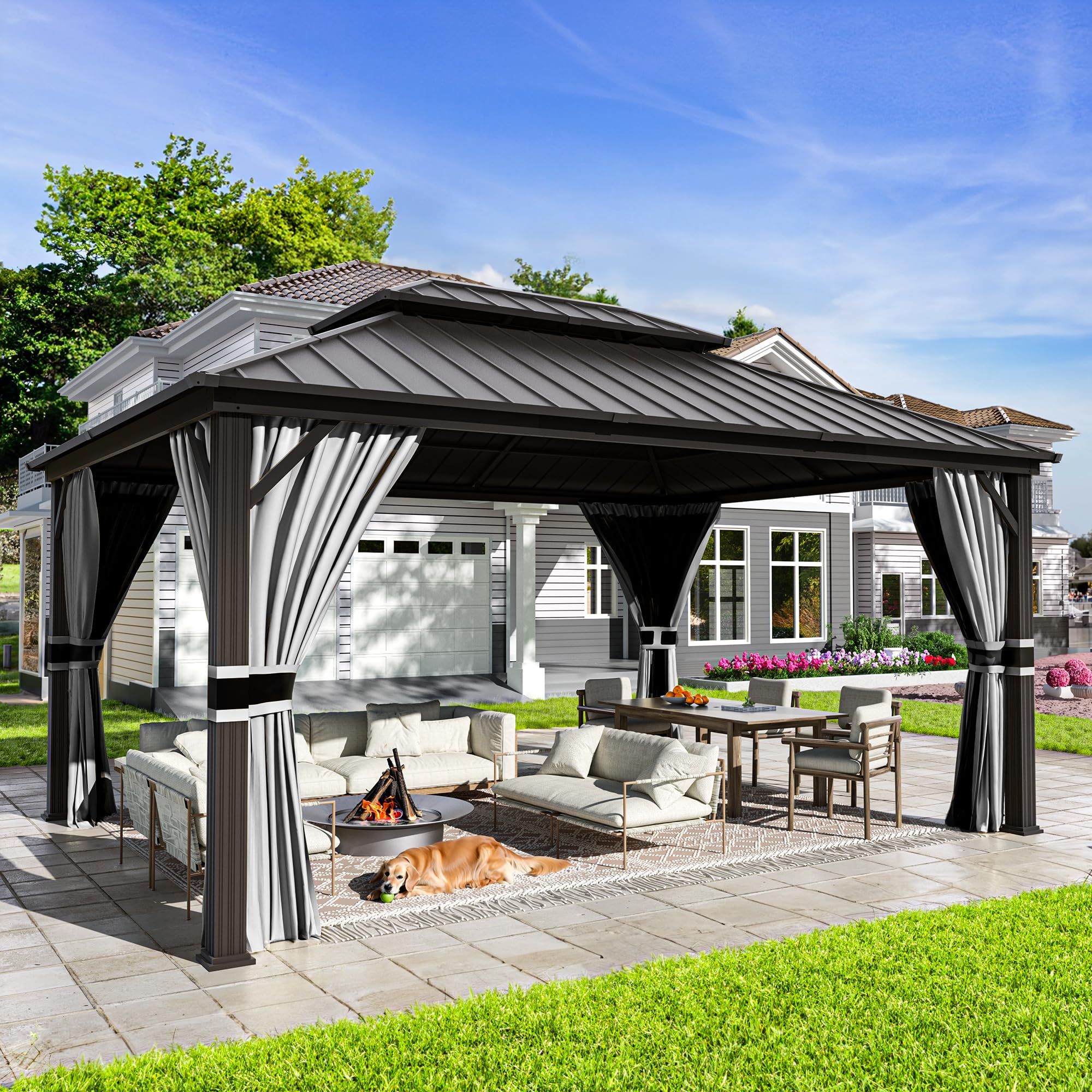 Hardtop Gazebo, Outdoor Aluminum Gazebo with Galvanized Steel Double Roof