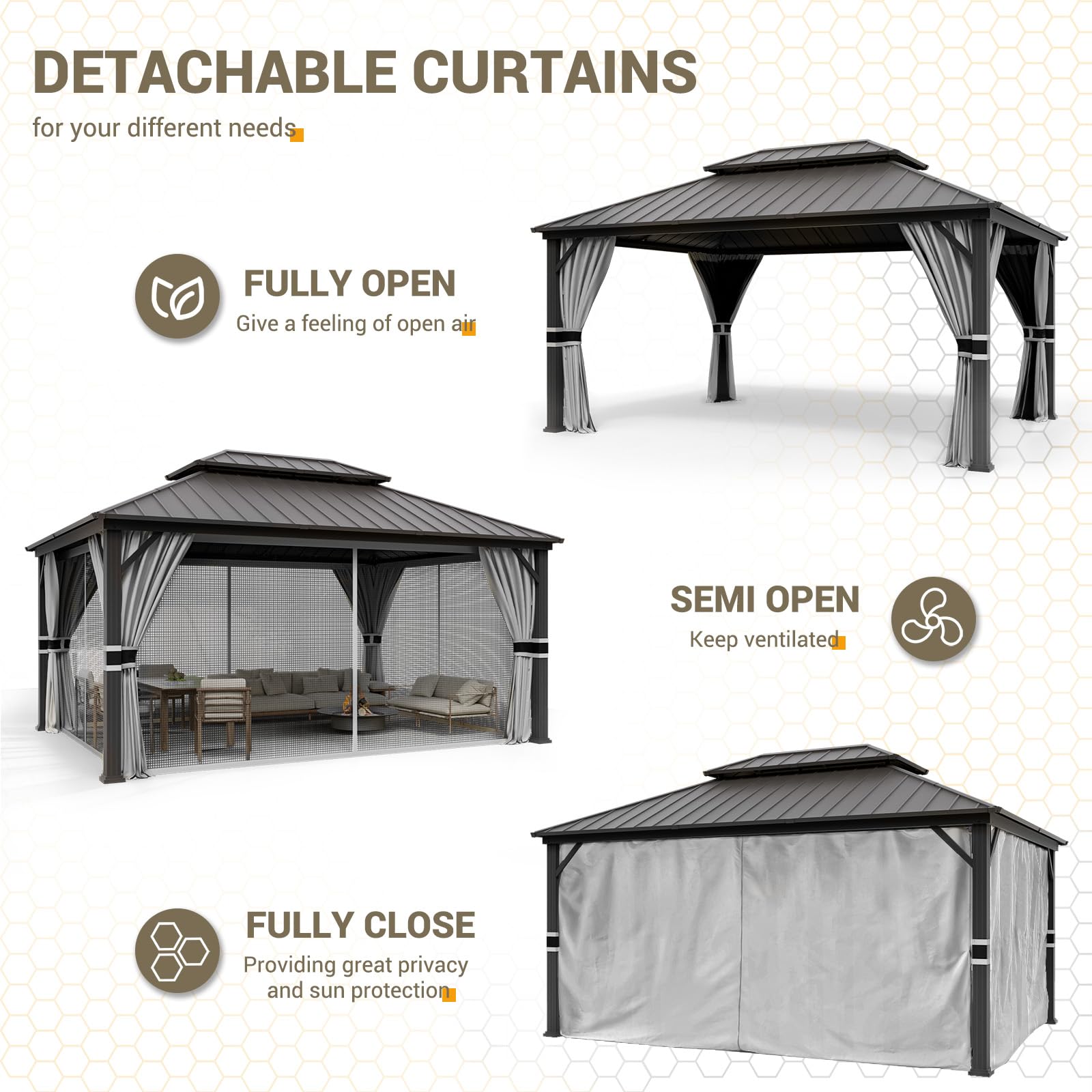 Hardtop Gazebo, Outdoor Aluminum Gazebo with Galvanized Steel Double Roof