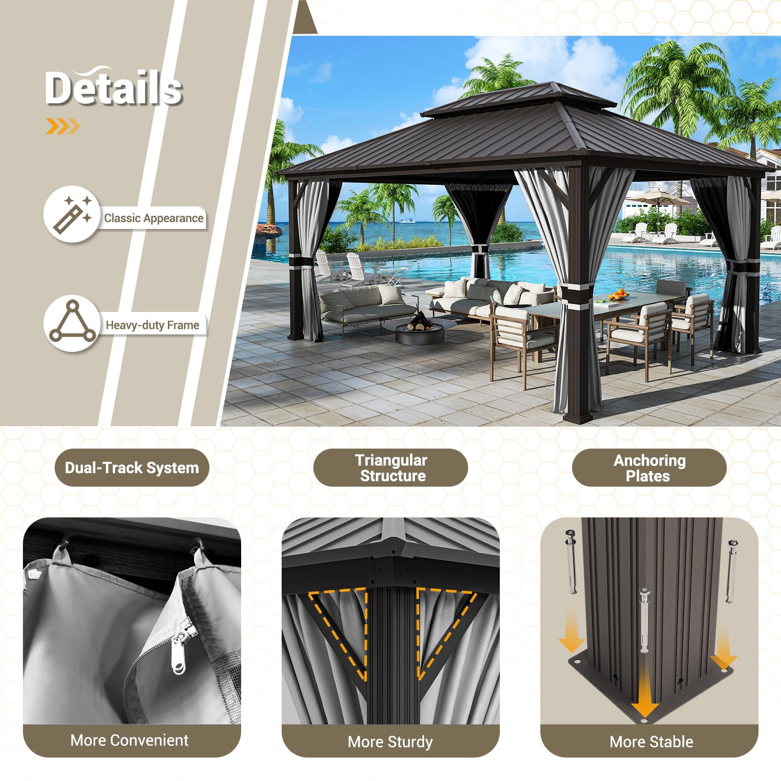 Hardtop Gazebo, Outdoor Aluminum Gazebo with Galvanized Steel Double Roof