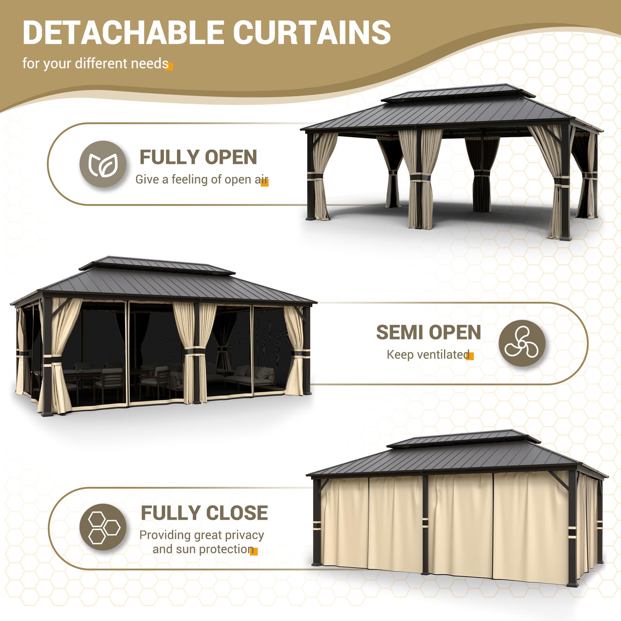 Hardtop Gazebo, Outdoor Aluminum Gazebo with Galvanized Steel Double Roof