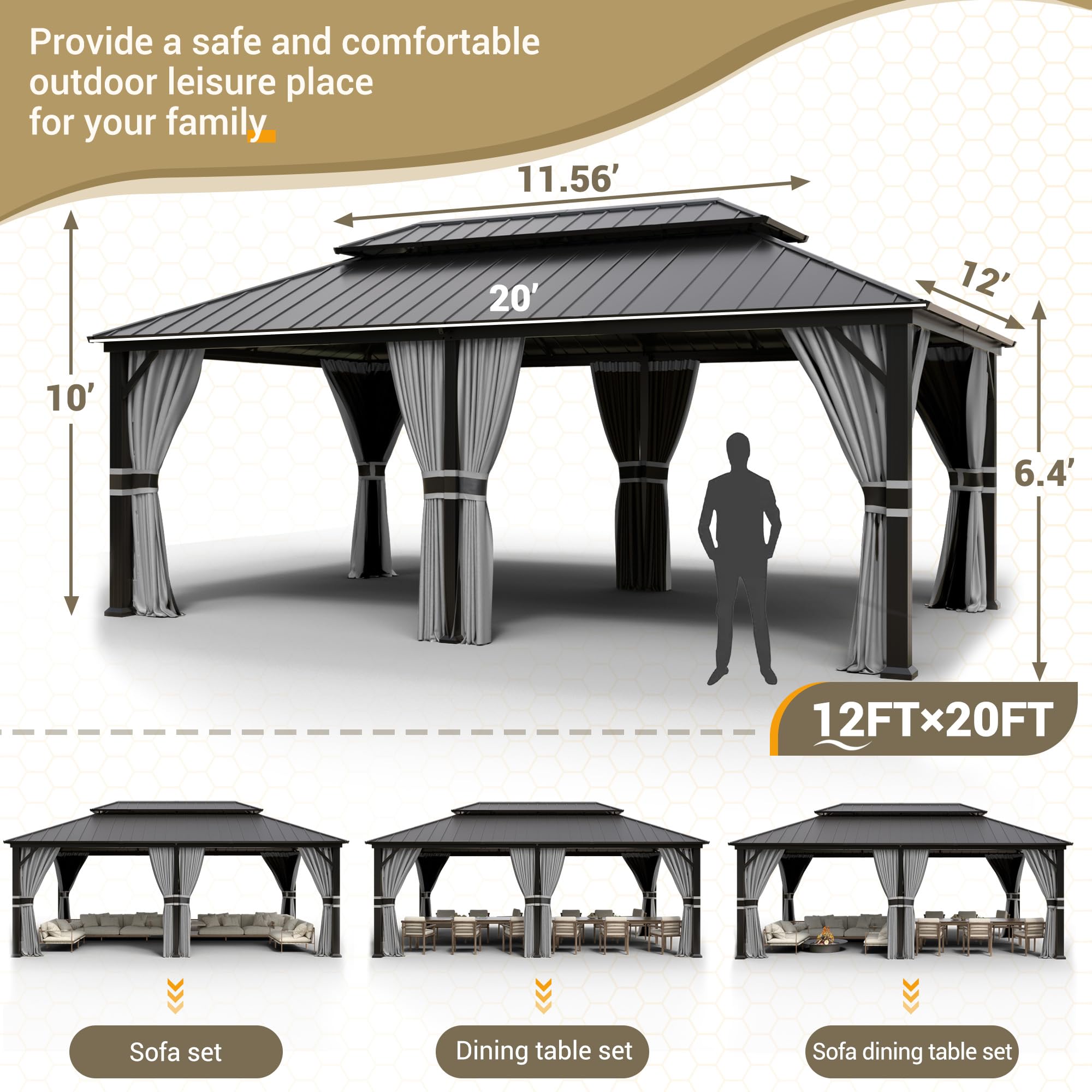 Hardtop Gazebo, Outdoor Aluminum Gazebo with Galvanized Steel Double Roof