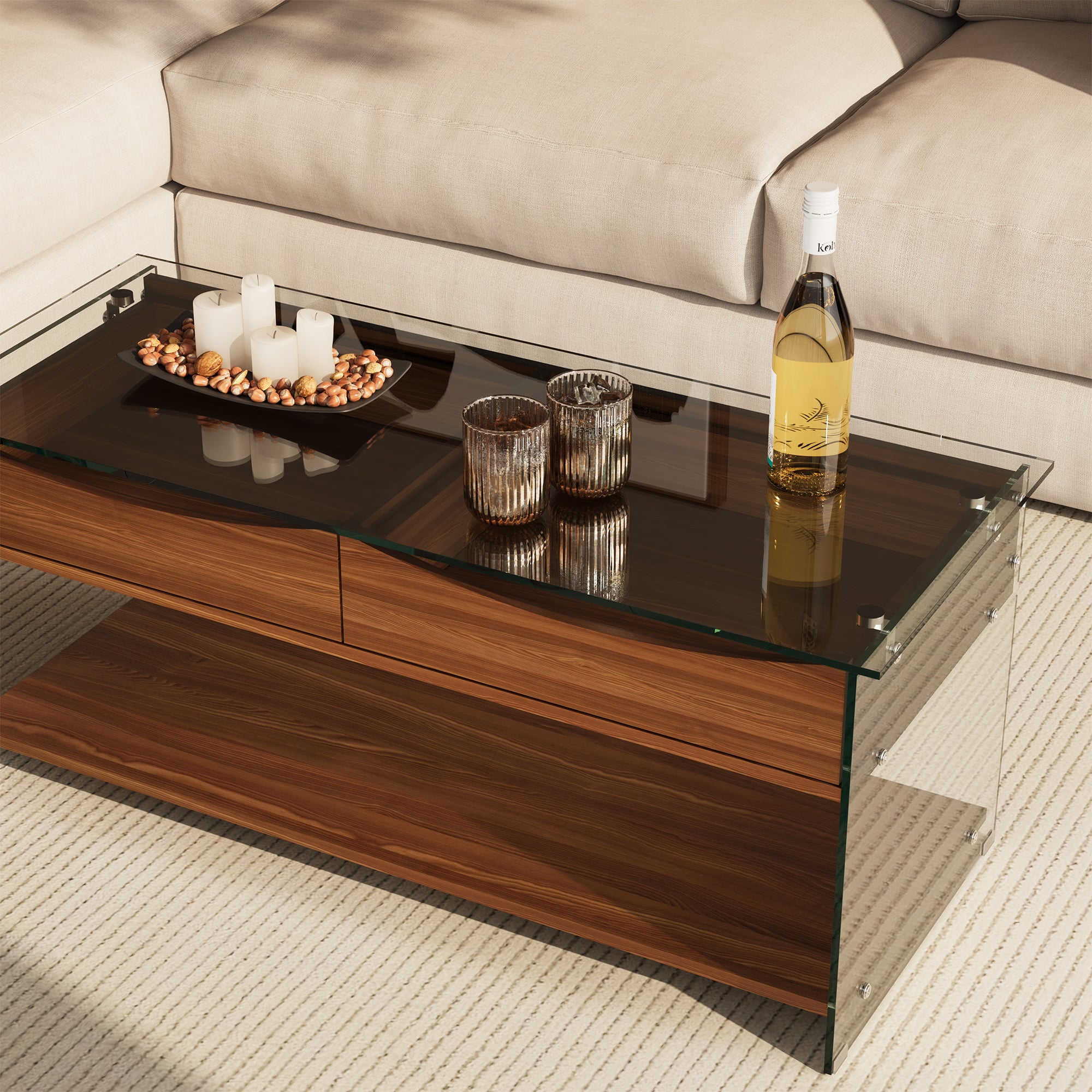43'' W Rectangular Glass Coffee Table with Storage Drawers & Shelf Tempered Glass Top Walnut Finish Modern Center Table for Living Room