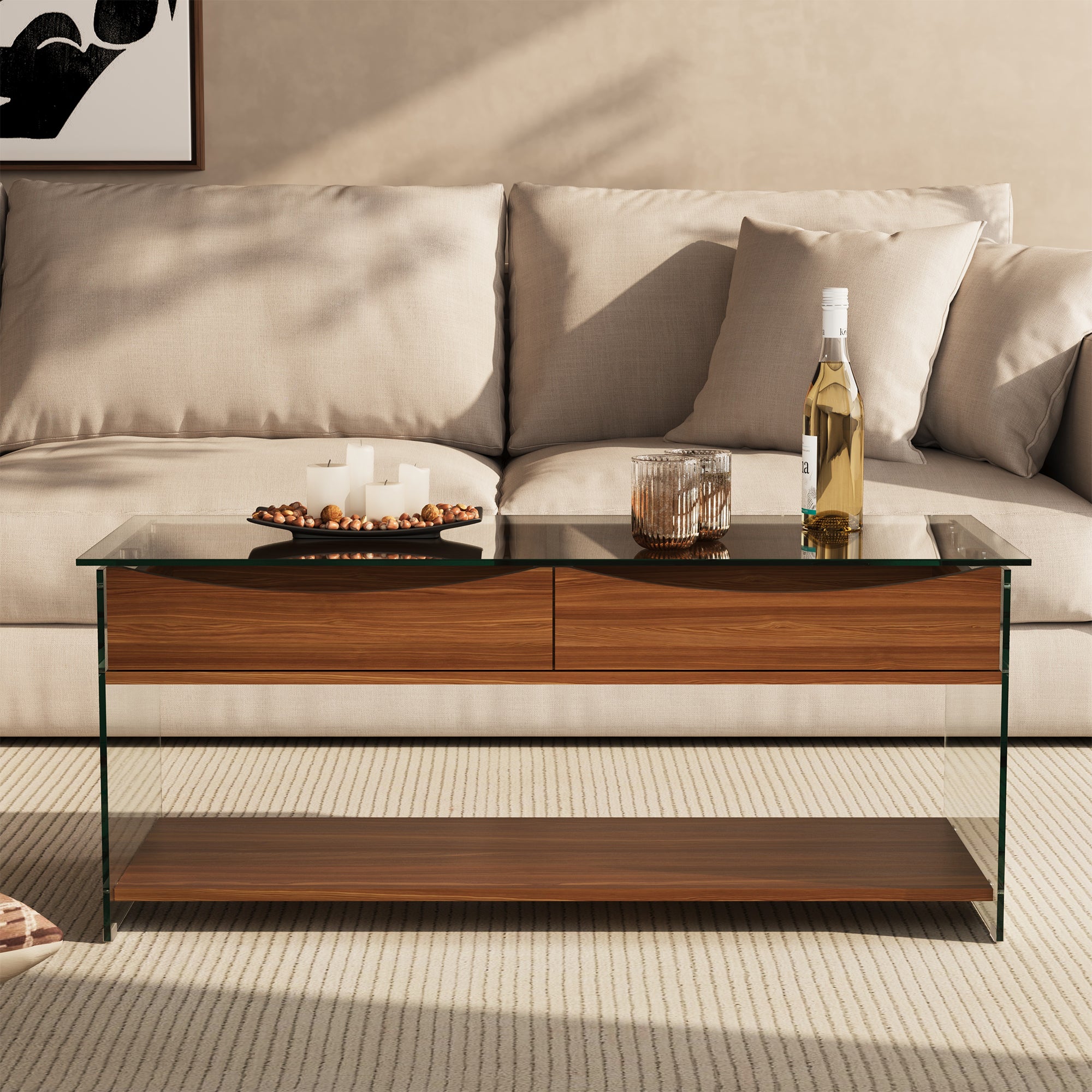 43'' W Rectangular Glass Coffee Table with Storage Drawers & Shelf Tempered Glass Top Walnut Finish Modern Center Table for Living Room