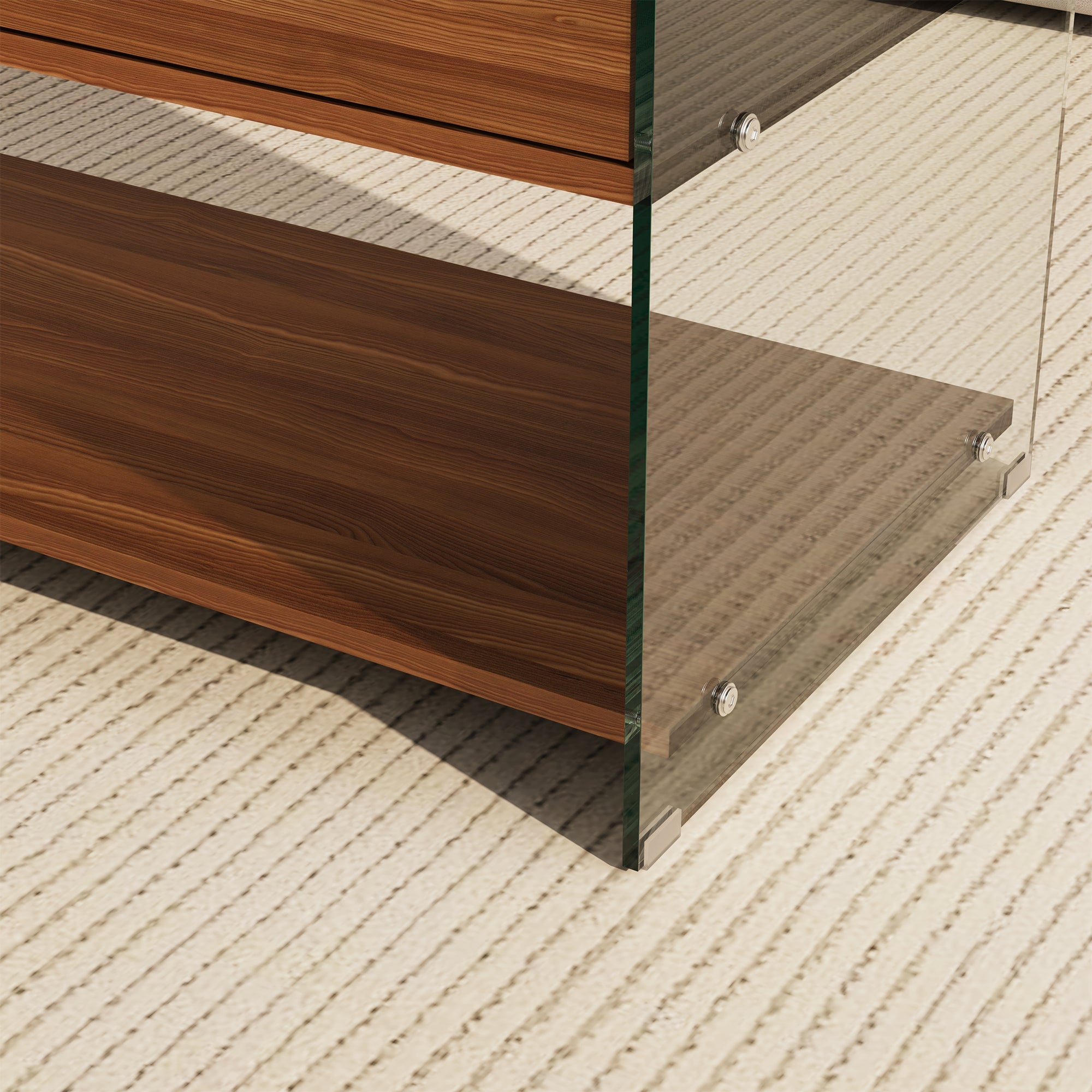 43'' W Rectangular Glass Coffee Table with Storage Drawers & Shelf Tempered Glass Top Walnut Finish Modern Center Table for Living Room