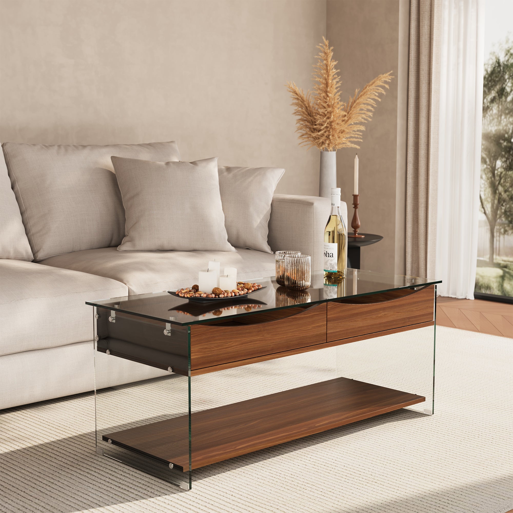 43'' W Rectangular Glass Coffee Table with Storage Drawers & Shelf Tempered Glass Top Walnut Finish Modern Center Table for Living Room