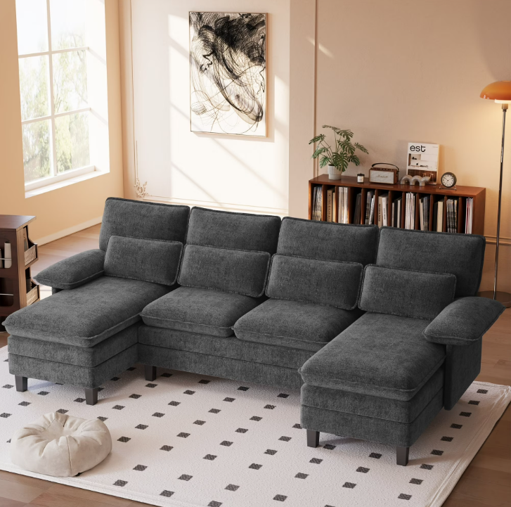 FIONA'S MAGIC Modern U-Shaped Sectional Sofa with Double Chaise & Movable Ottomans, 4-Seat Chenille Fabric Couch for Living Room, Dark Grey