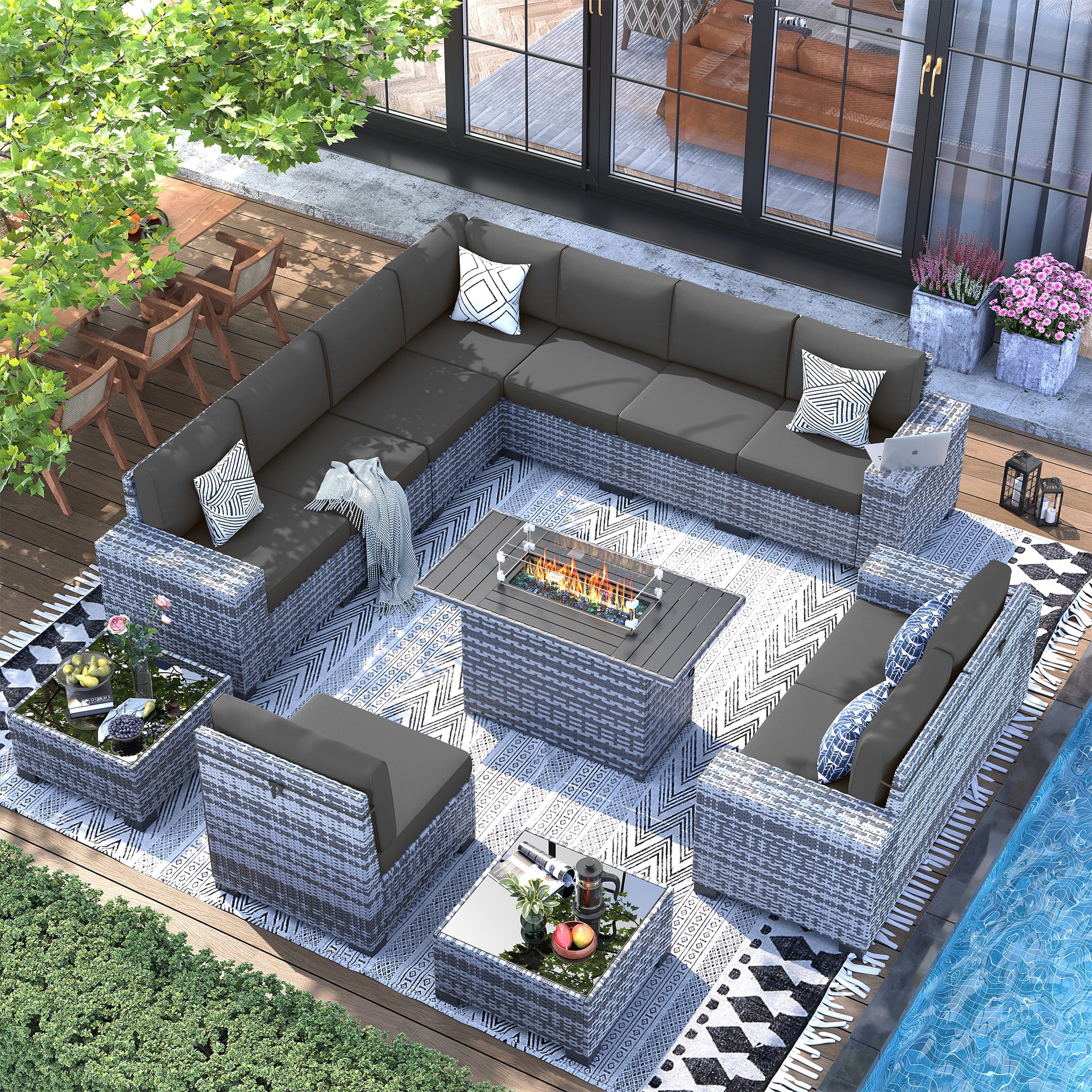 UDPATIO 13 Piece Patio Furniture Set with Fire Pit Table, 8''Wide Armrest Modular Rattan Outdoor Sectional  Sofa Set,Wicker Patio Conversation Sets for Backyard,Deck w/ 4'' Cushions,Cover