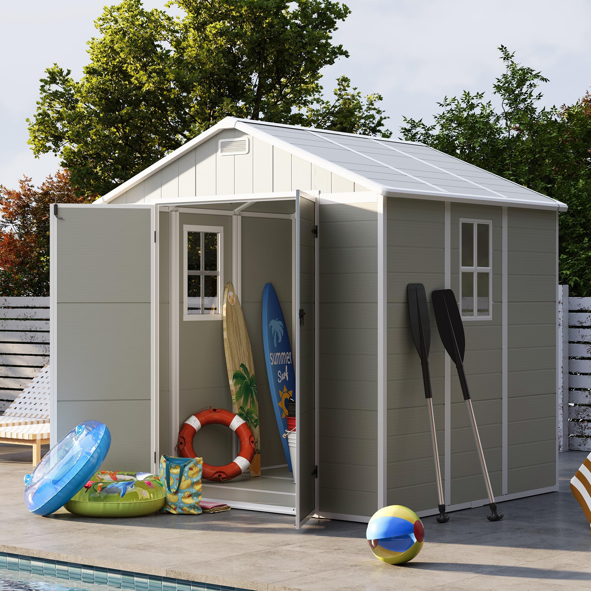 UDPATIO Outdoor Storage Shed 8 x 6 FT, Resin Garden Sheds Plastic Patio Outdoor Storage with Lockable Door for Tool, Bike, Garbage Light Brown