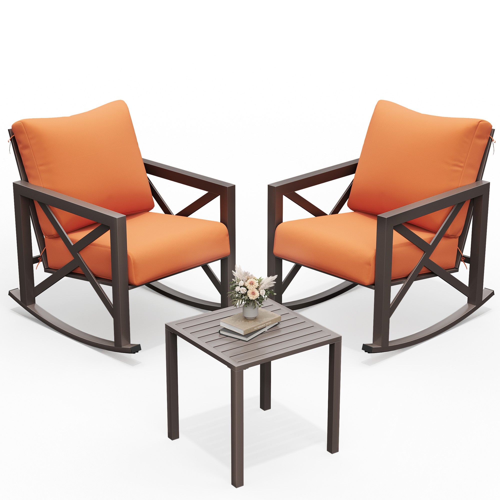 UDPATIO Rocking Chair Outdoor Set 2 with Coffee Table, 3 Piece Metal Rocking Bistro Set with 6.5" Water-Resistant Cushions, Oversized, 350lbs Heavy-Duty, for Porch, Patio, Balcony