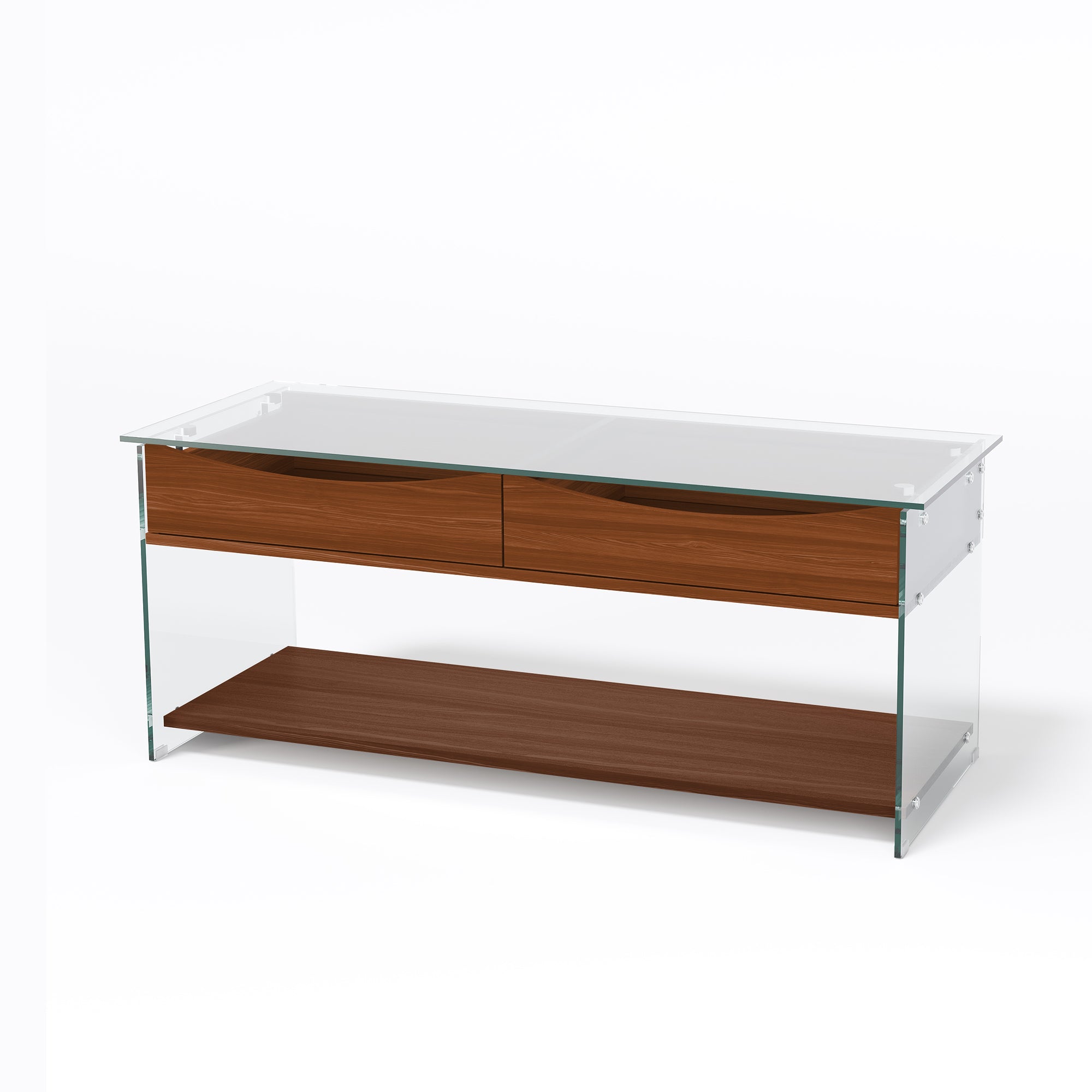 43'' W Rectangular Glass Coffee Table with Storage Drawers & Shelf Tempered Glass Top Walnut Finish Modern Center Table for Living Room