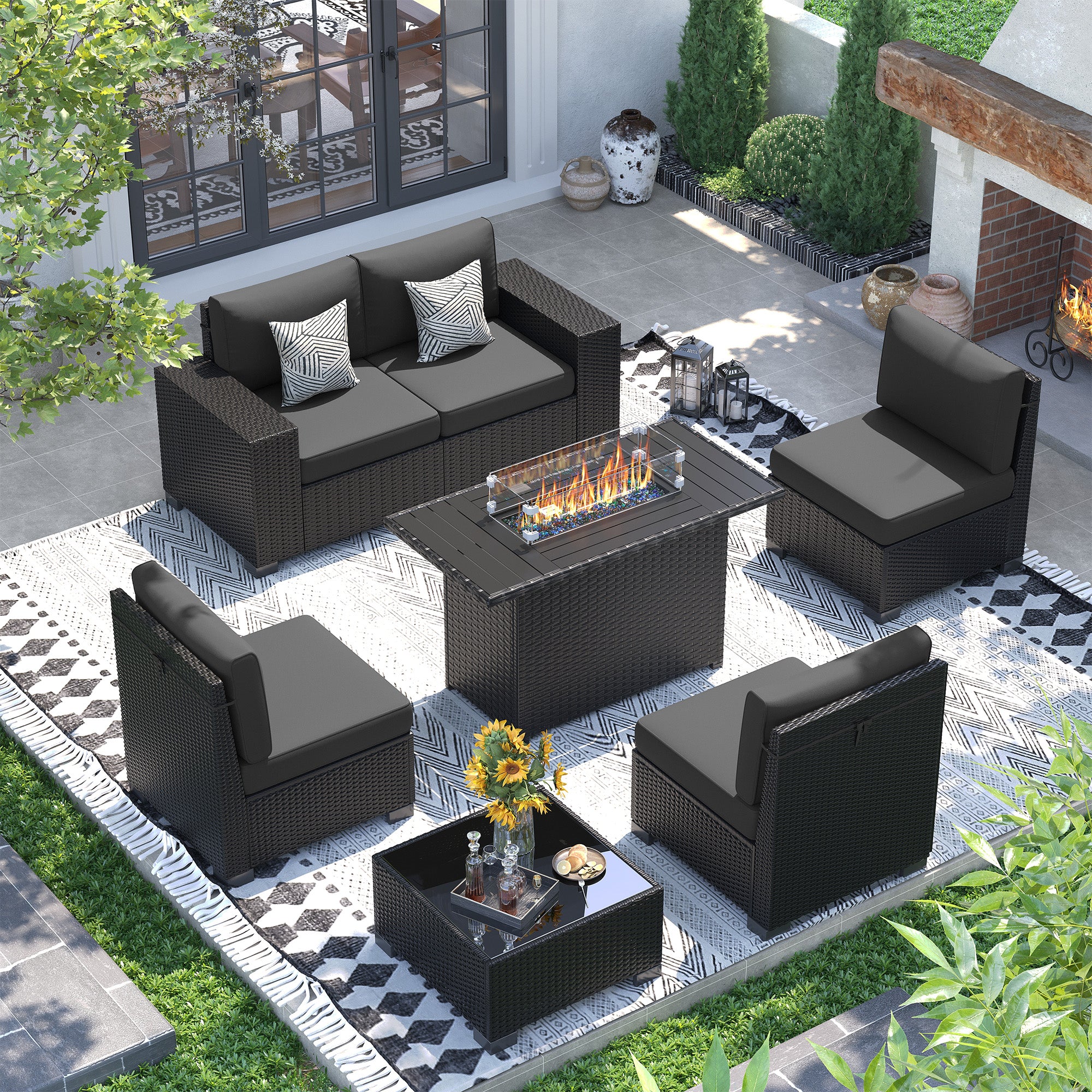 UDPATIO 7 Piece Patio Furniture Set with Fire Pit Table, 8''Wide Armrest Modular Rattan Outdoor Sectional  Sofa Set,Wicker Patio Conversation Sets for Backyard,Deck w/ 4'' Cushions,Cover