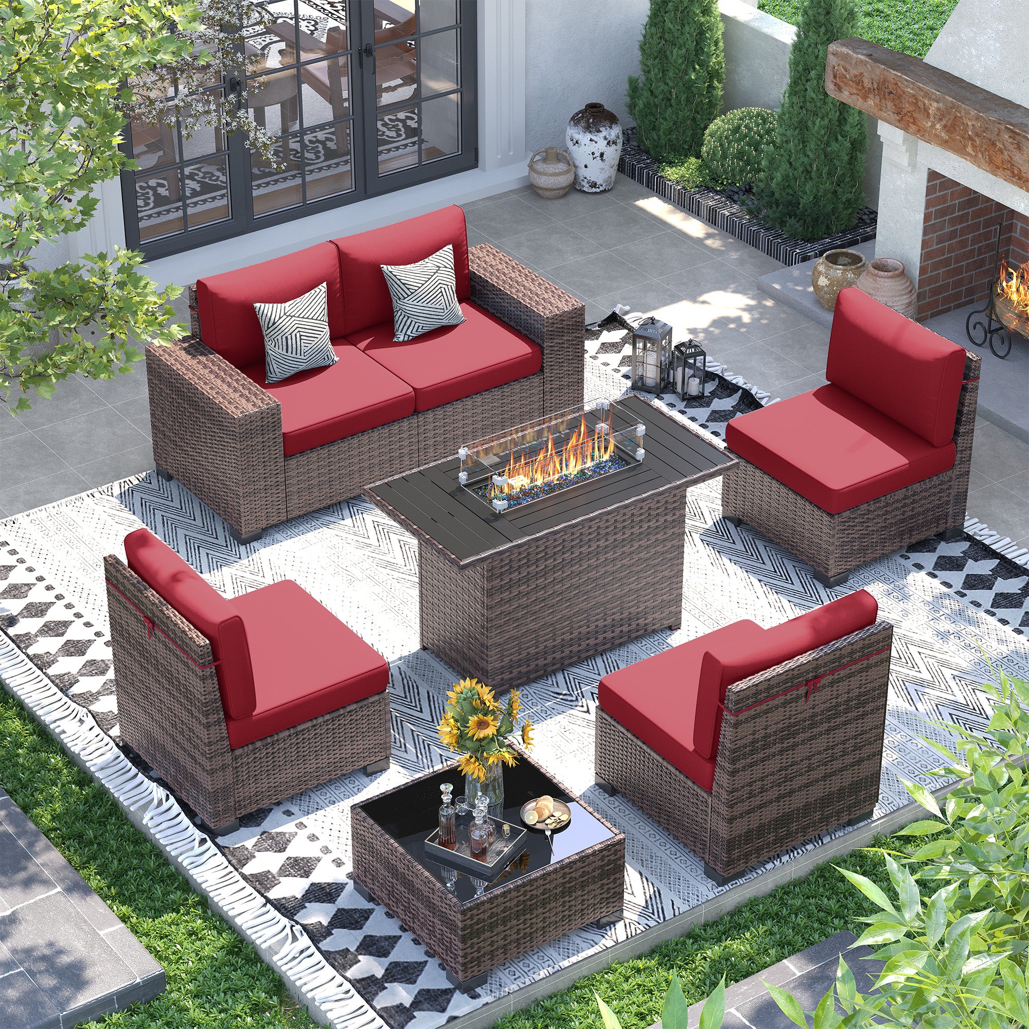 UDPATIO 7 Piece Patio Furniture Set with Fire Pit Table, 8''Wide Armrest Modular Rattan Outdoor Sectional  Sofa Set,Wicker Patio Conversation Sets for Backyard,Deck w/ 4'' Cushions,Cover