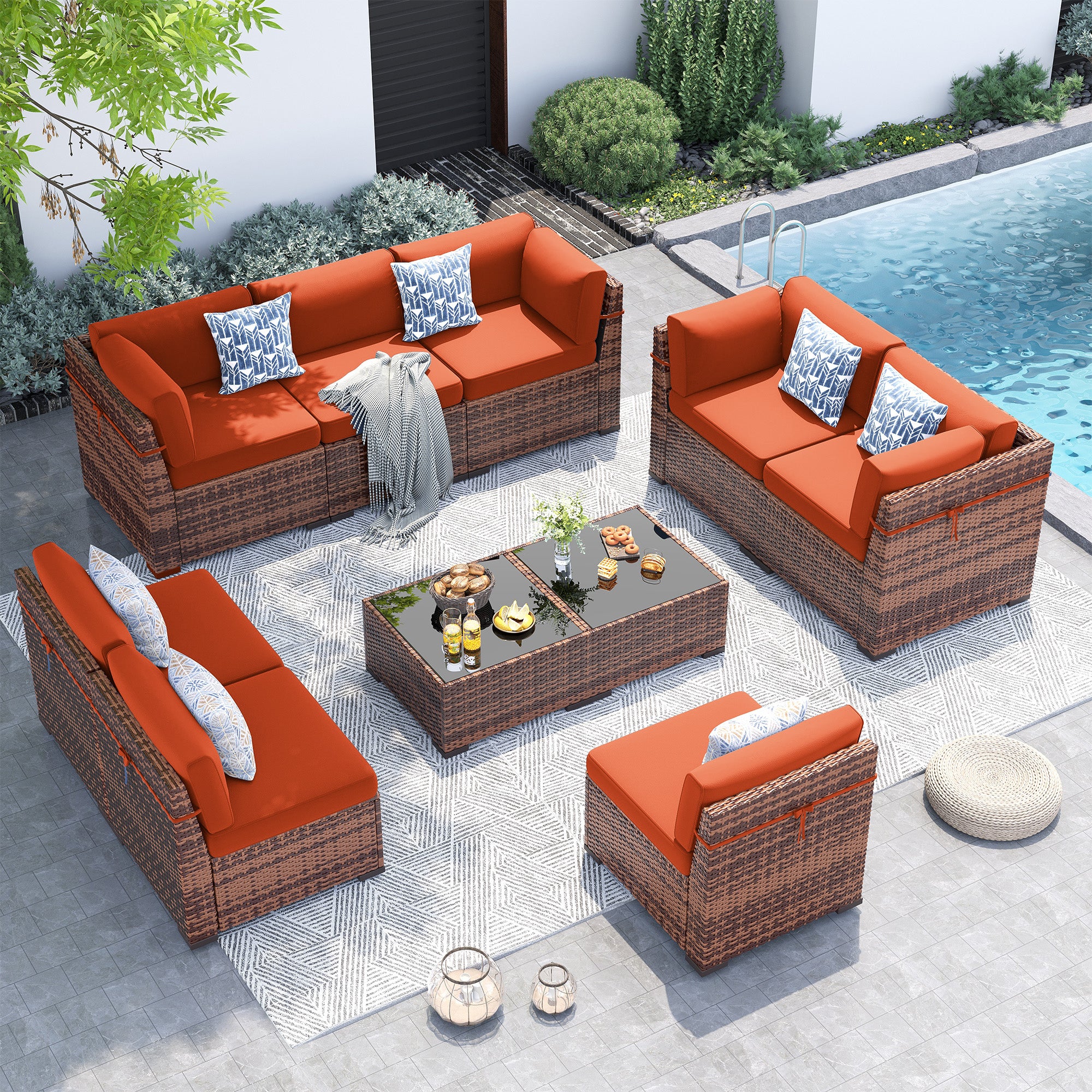 UDPATIO Patio Furniture Set,Modular Outdoor Rattan Sectional Set With Slanted Back, Patio Conversation Set Heavy Duty Wicker Sofa for Backyard, Deck W/Coffee Table,4'' Thick Cushions,Cover,10PCS