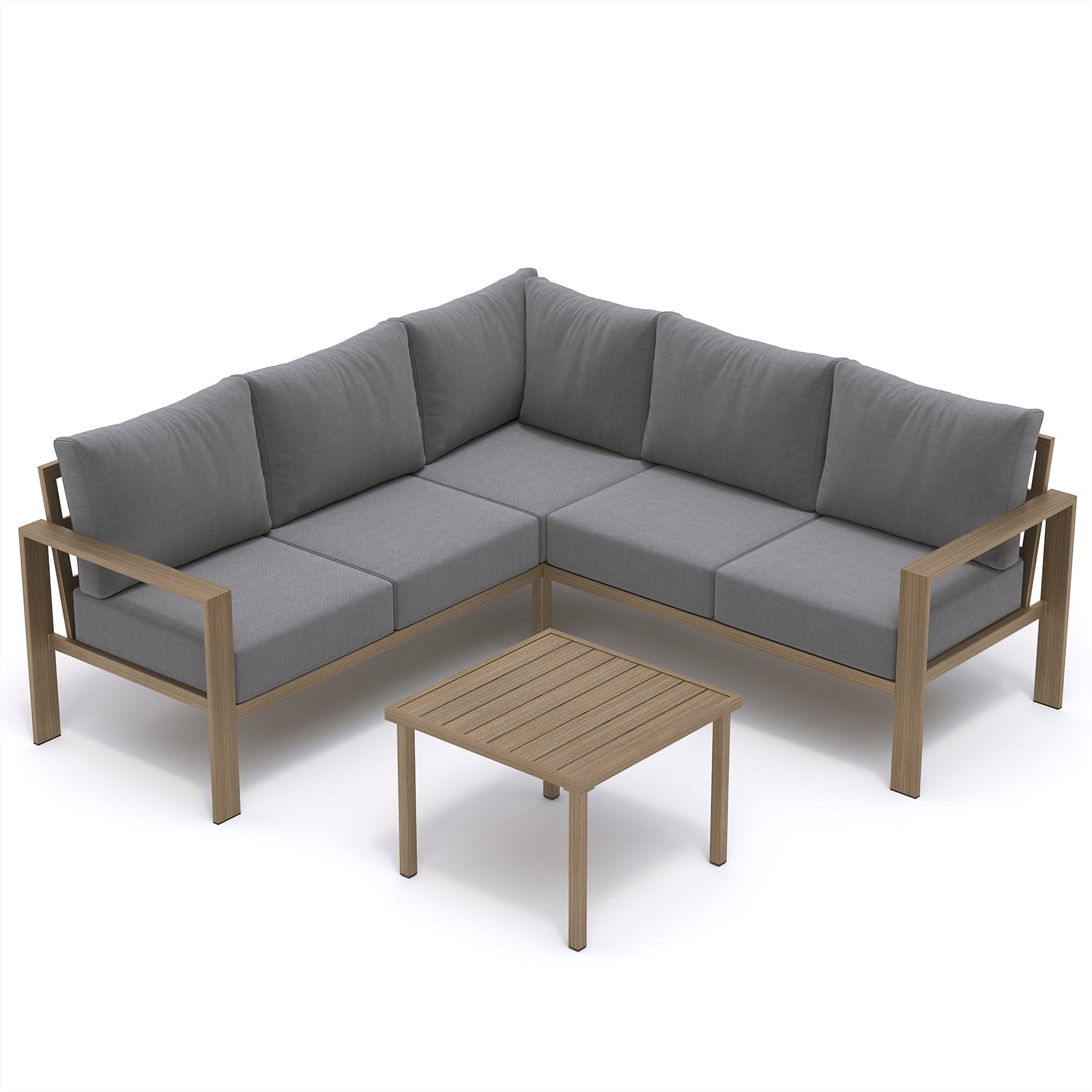 UDPATIO 6 Piece Patio Furniture Set, Faux Wood Metal Outdoor Sectional Sofa with 6" Thick Olefin Cushions, Wide Armrest & Coffee Table, L Shaped Outdoor Furniture for Garden, Backyard