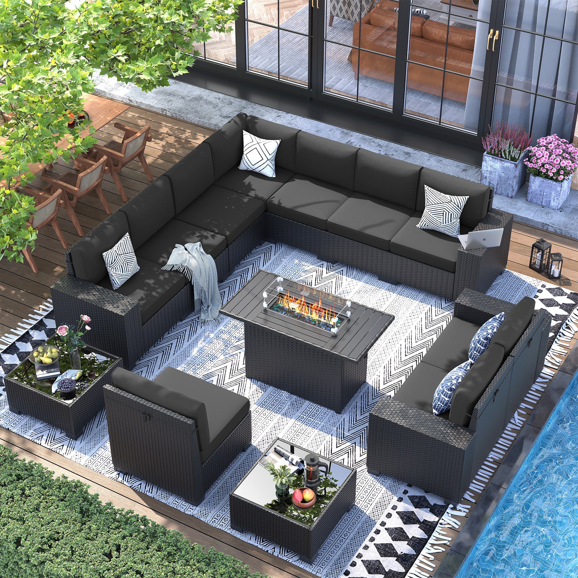 UDPATIO 13 Piece Patio Furniture Set with Fire Pit Table, 8''Wide Armrest Modular Rattan Outdoor Sectional  Sofa Set,Wicker Patio Conversation Sets for Backyard,Deck w/ 4'' Cushions,Cover