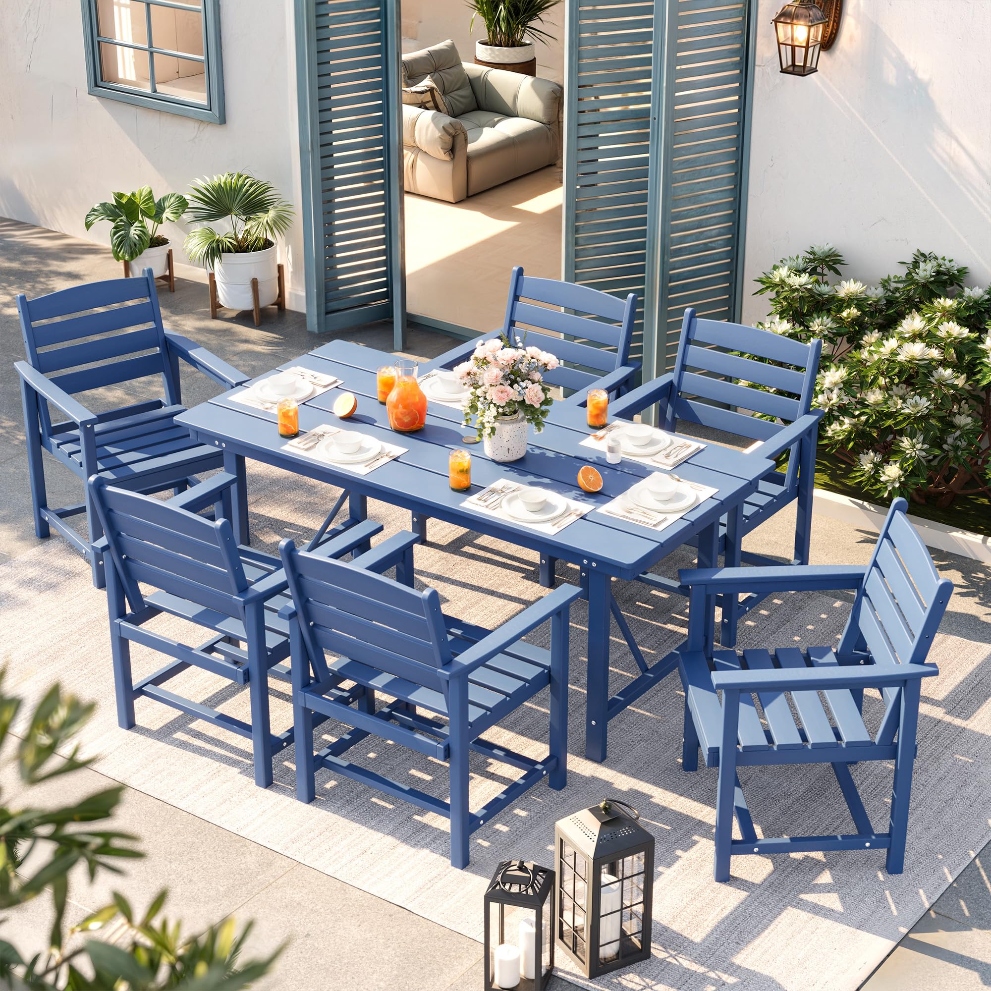UDPATIO 7 Pieces Patio Table and Chairs Set, HDPE Weather Resistant Patio Dining Set with 1.65" Umbrell Hole, All Weather Outdoor Dining Table with 6 Patio Chairs, Blue