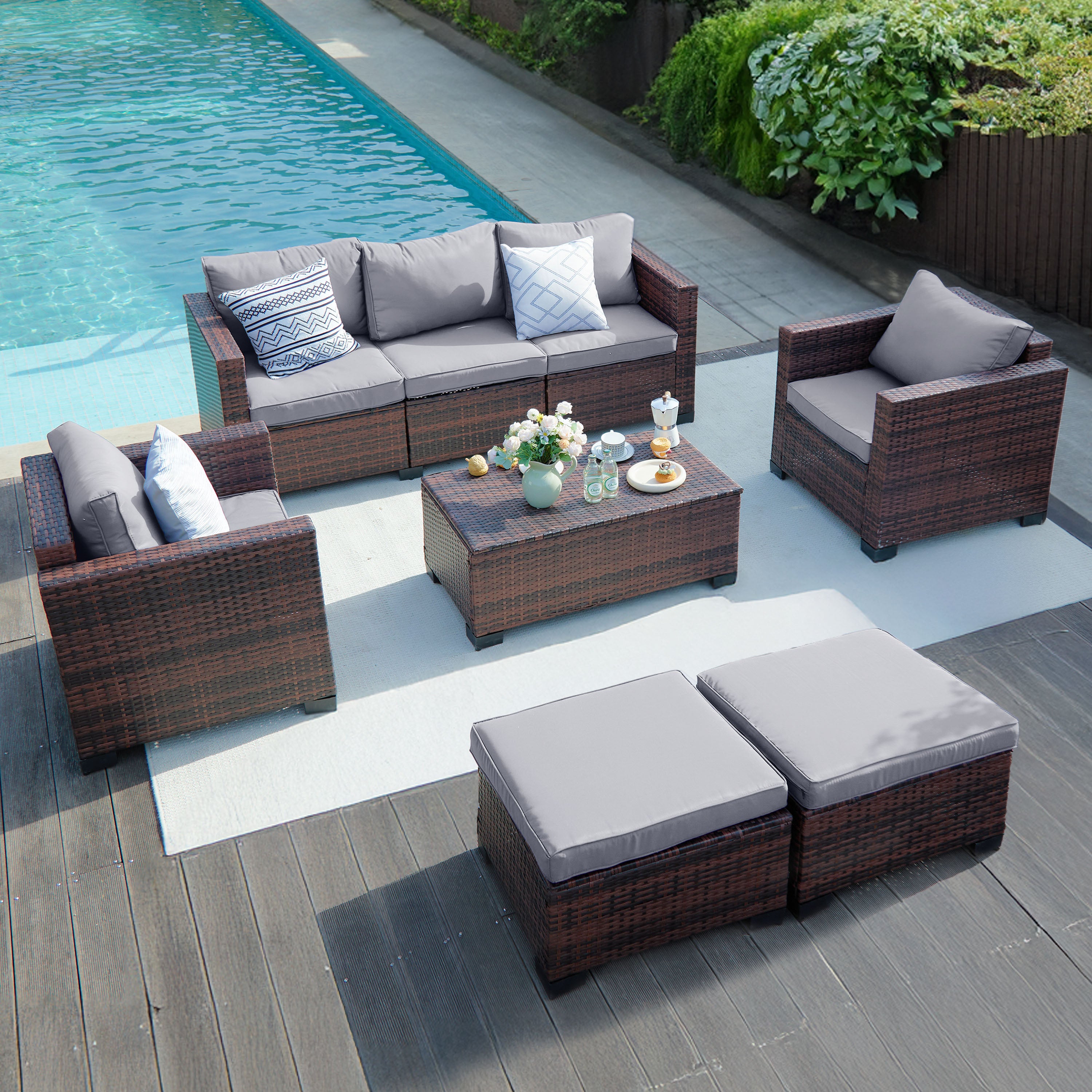 B0CJ6QDVTH Patio Furniture Sets with Ottoman & Storage Table