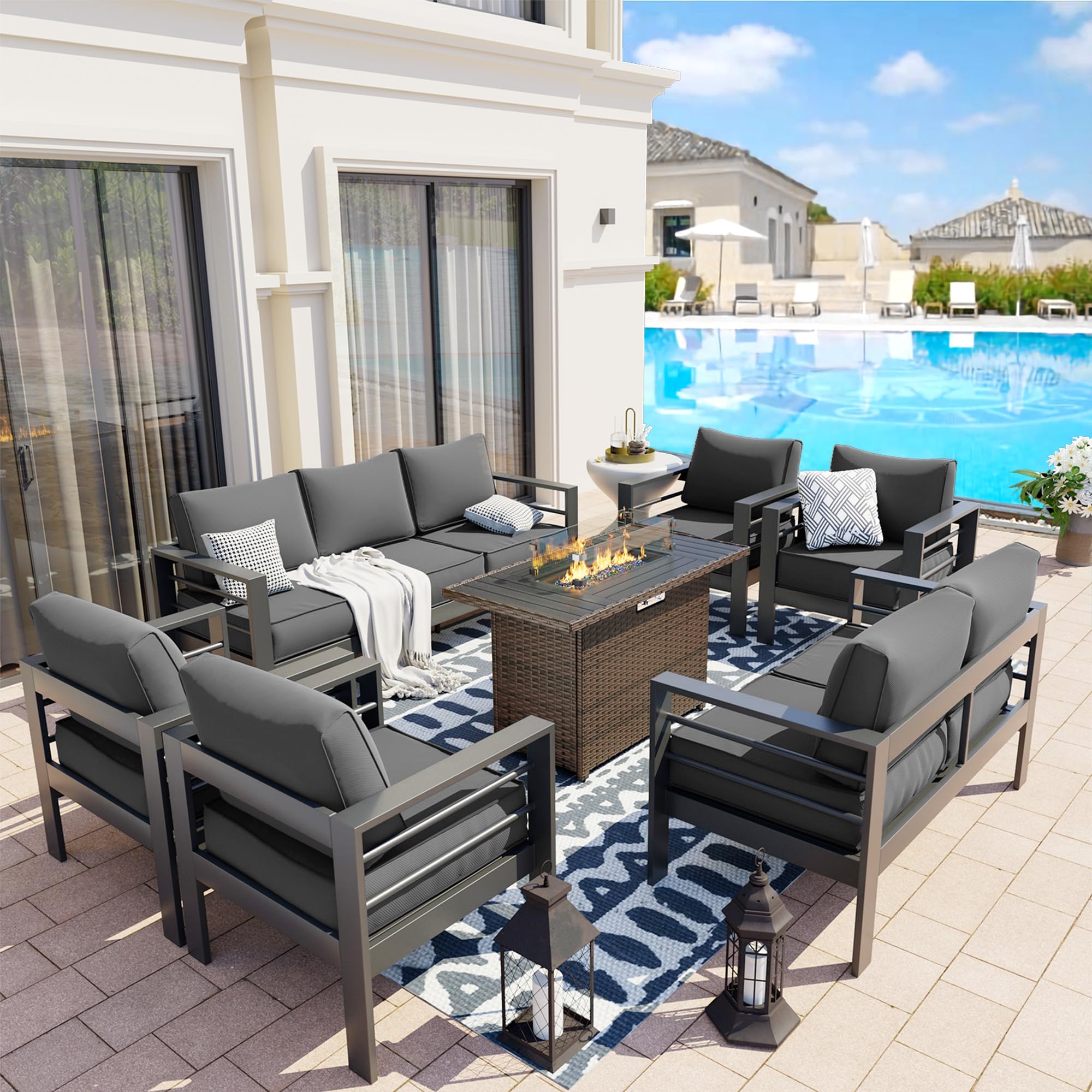 UDPATIO Aluminum Patio Furniture Set with Fire Pit Table, 9 Seats Mordern Outdoor Furniture Set with Water-Proof Cover Included, Dark Grey Frame/Dark Navy Cushions