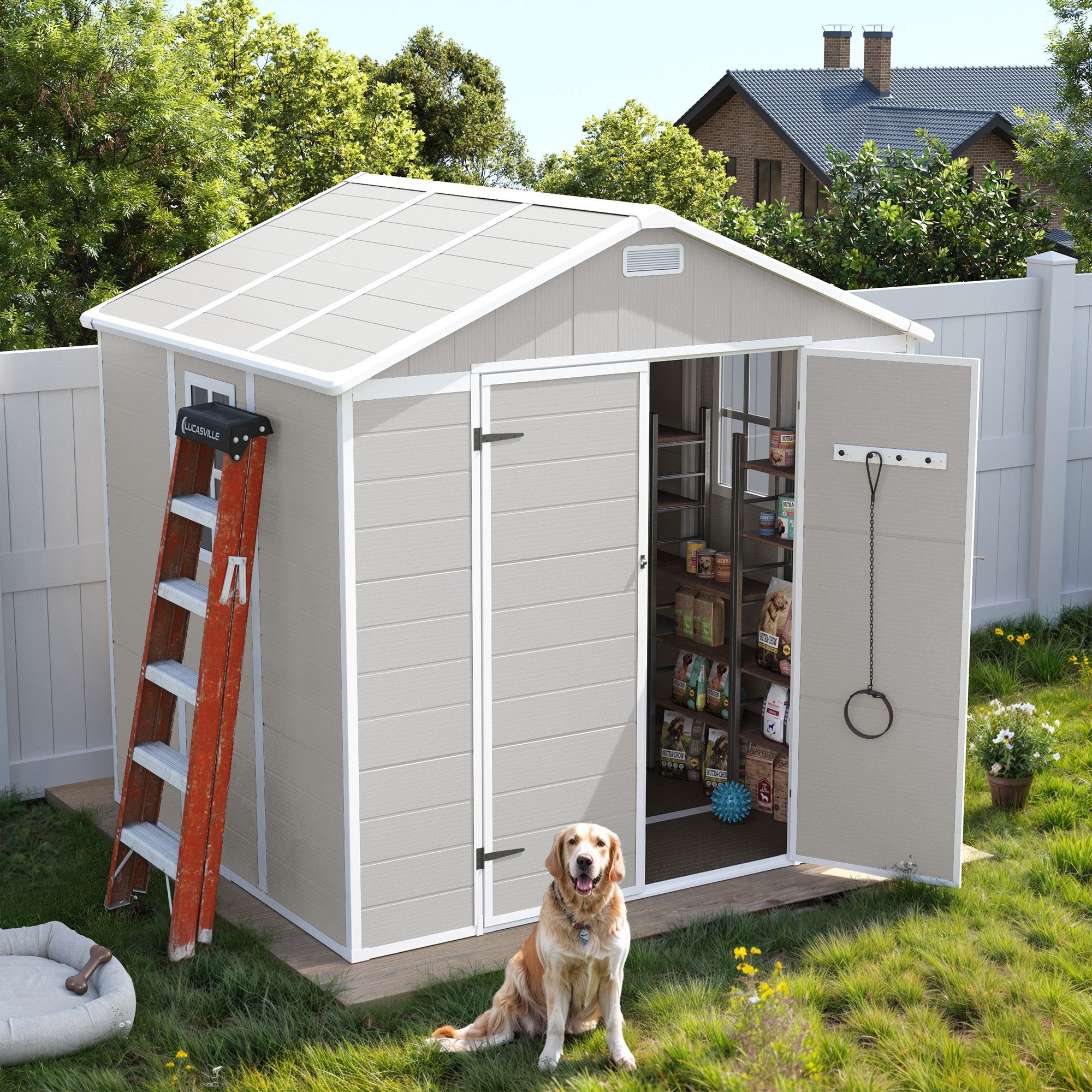 UDPATIO Resin Storage Shed 8 x 6 FT, Outdoor Garden Sheds with Floor Plastic Patio Outdoor Storage Shed with Lockable Door, Sandstone