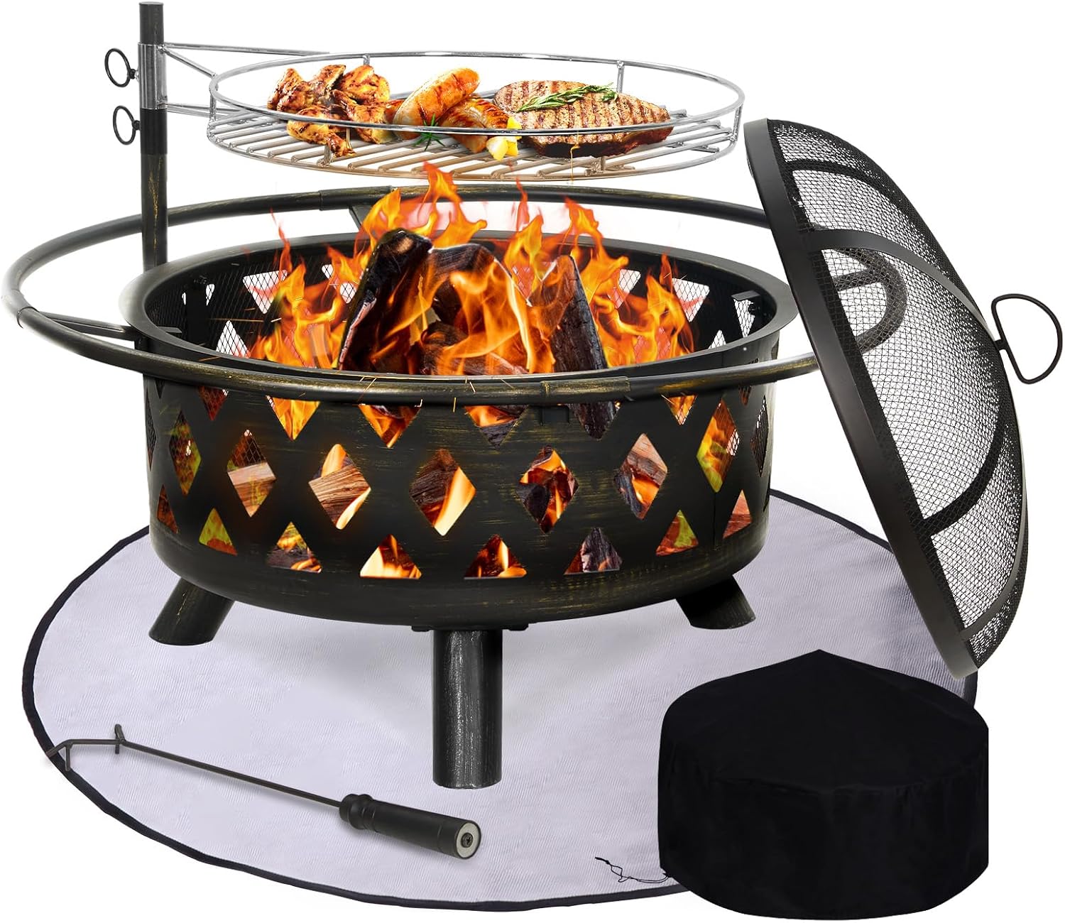 UDPATIO 2 in 1 Outdoor Fire Pit with Grill Cover & Mat, Large 30" Wood Burning FirePits with Swivel Cooking Grate Outdoor Firepit with Spark Cover for Backyard Bonfire Patio Outside Picnic BBQ