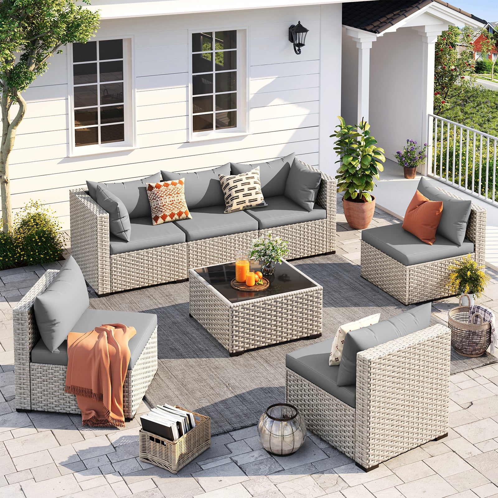 UDPATIO Outdoor Patio Furniture Set, 7-Piece PE Wicker Sectional Sofa with Tea Table, Outdoor Conversation Set for Patio, Garden, Backyard