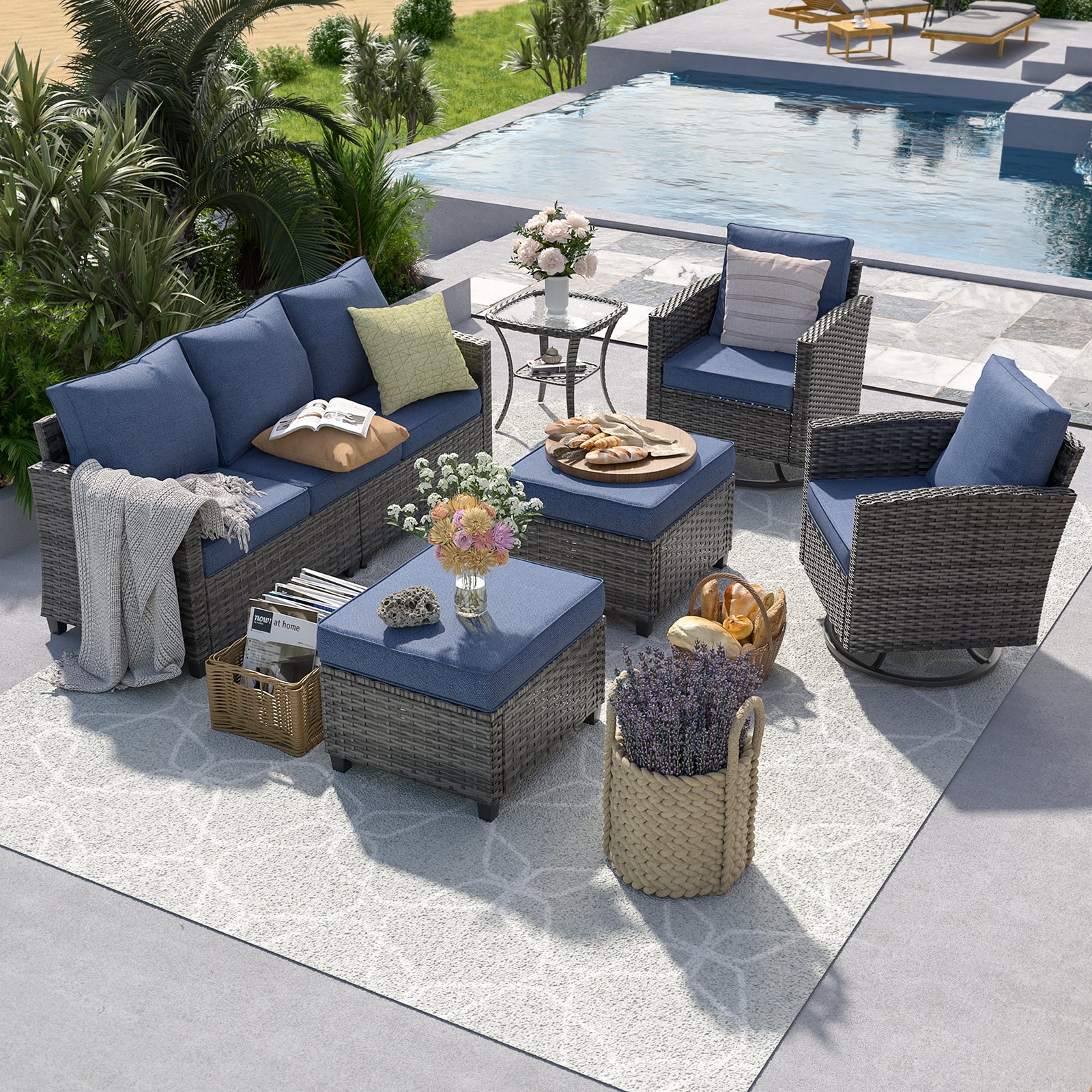 UDPATIO Patio Furniture Set, 6 Pieces Outdoor Sectional Couch, Gray Wicker Rattan Conversation Sofa with Swivel Rocking Chair, 4" Thick Cushion for Garden Backyard Deck, Navy Blue