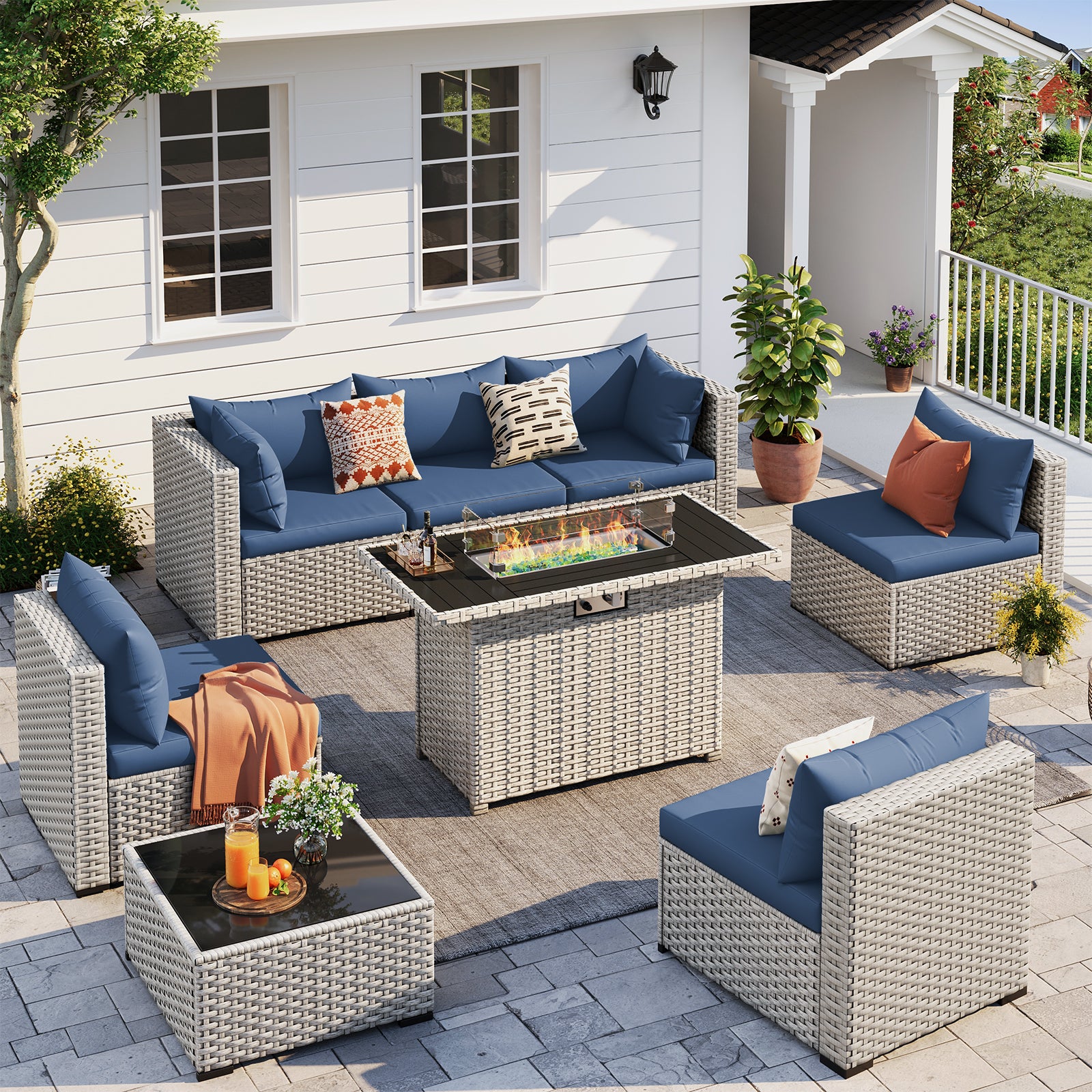 UDPATIO Patio Furniture Set with Fire Pit Table, 8 Pieces Outdoor Sectional Sofa, PE Wicker Patio Conversation Set for Garden, Backyard Green