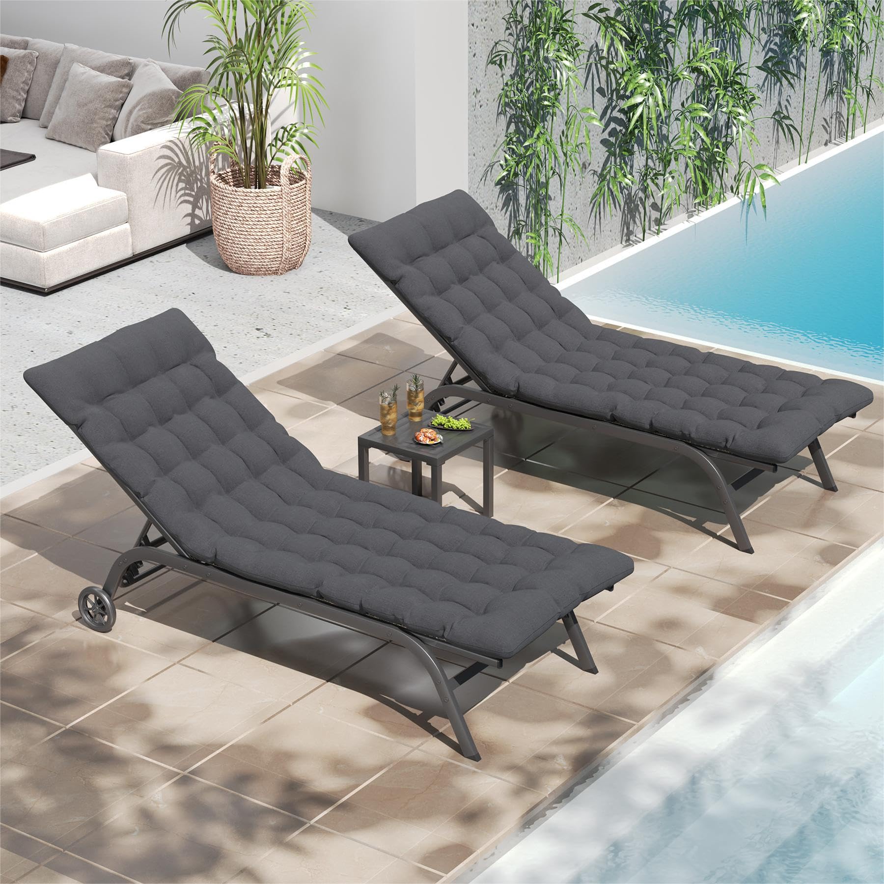UDPATIO Outdoor Chaise Lounge Padded Set of 3, Aluminum Lounge Chair with Removable Cushion, 5 Adjustable Position Pool Lounger with Wheels and Side Table for Garden Poolside Patio (Grey)