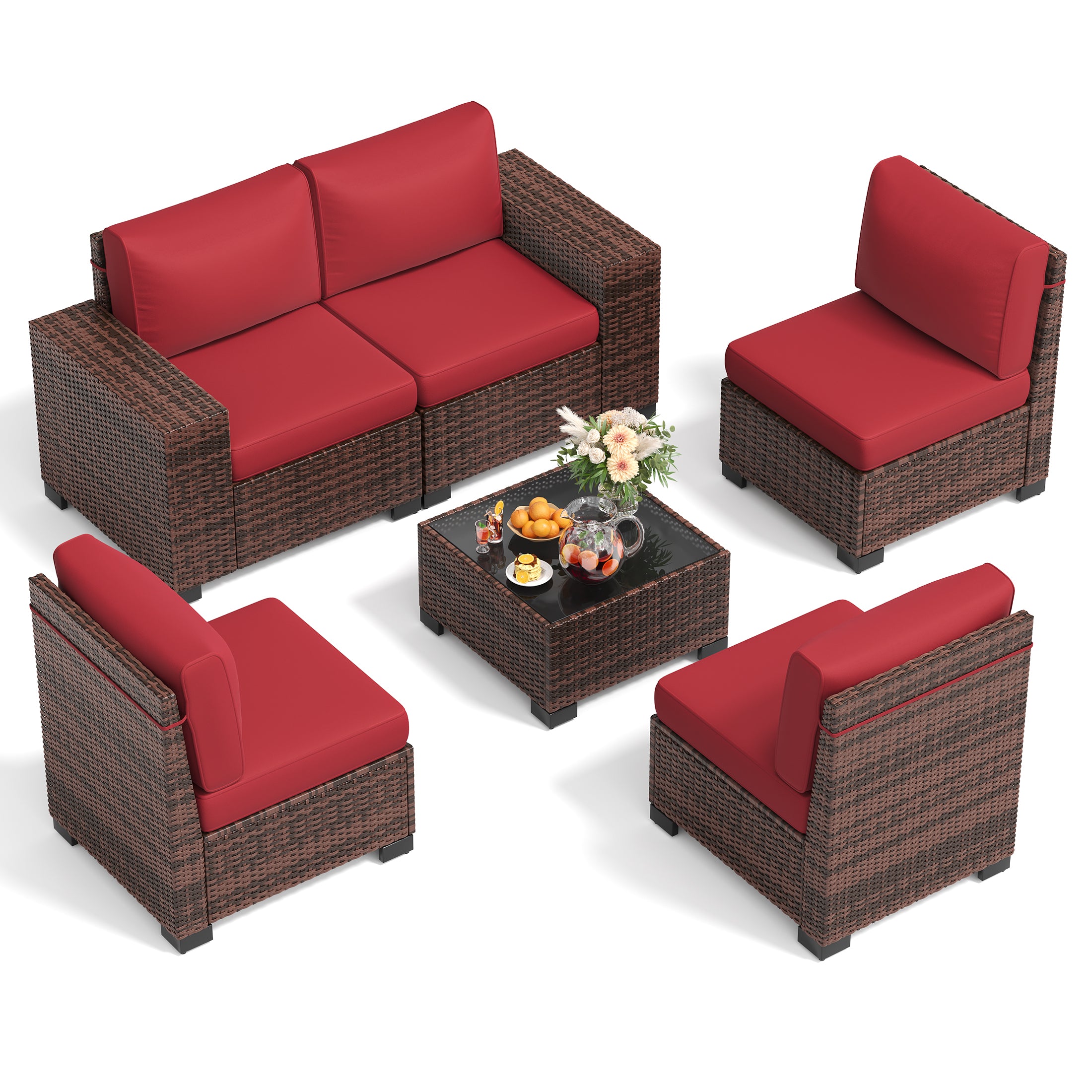 UDPATIO 6-Piece Patio Furniture Set, Outdoor Patio Sofa Set With Wide Armrest, All-Weather Wicker Rattan Guest Set With Cushion And Glass Table And Waterproof Cover,Brown & Wine Red