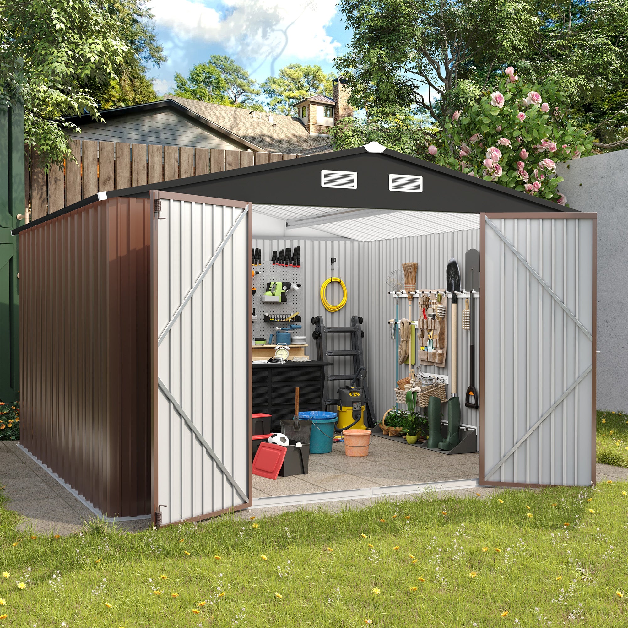 UDPATIO Outdoor Storage Shed 10x10 FT, Outside Sheds & Outdoor Storage Metal Galvanized Steel Yard, Lawn, with Lockable Door for Can, Bike, Lawnmower,Dark Brown