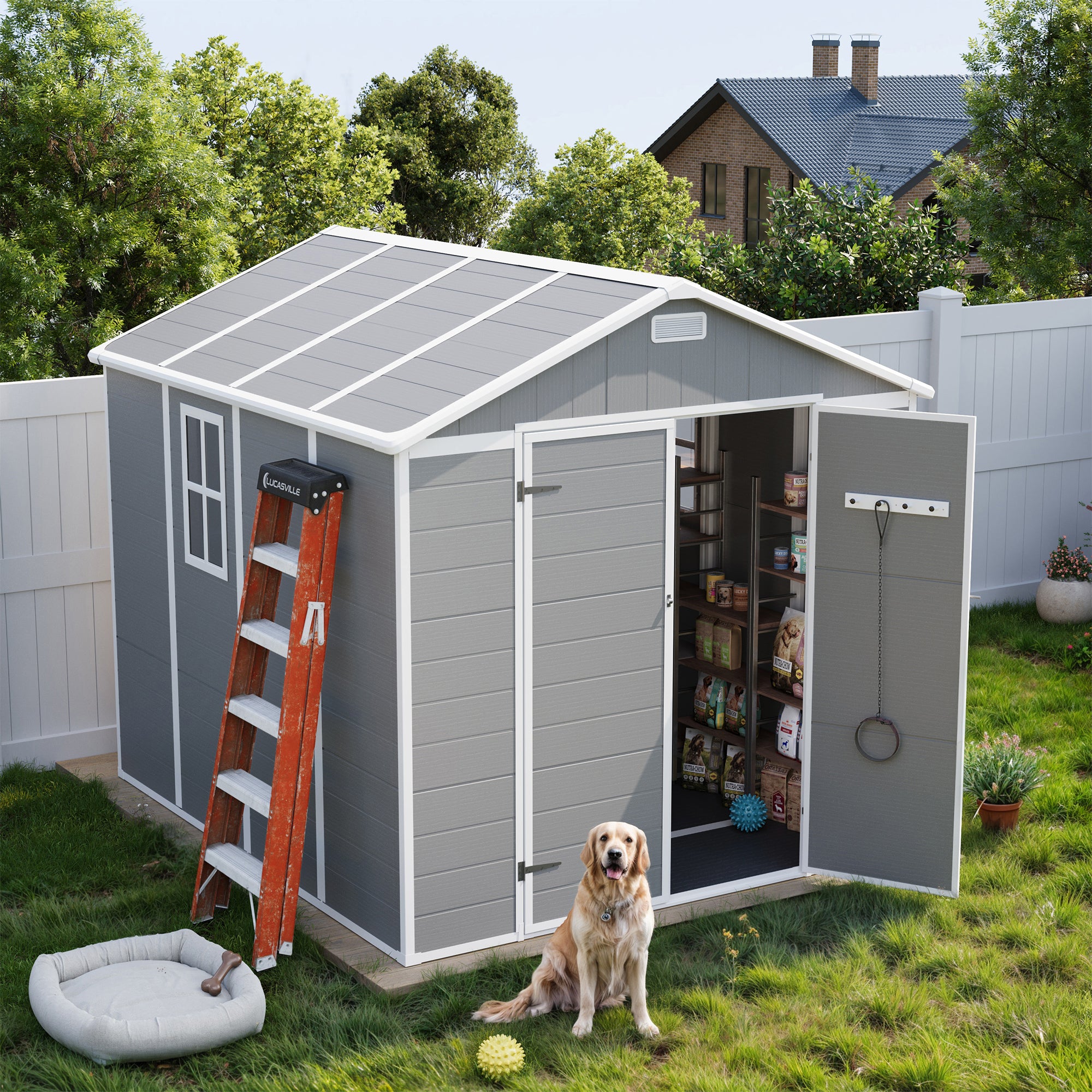 UDPATIO Storage Shed 8 x 8 FT, Resin Outdoor Outside Shed Clearance Sheds with Floor Included Plastic Solitude Cottage Shed She Sheds Buildings Garden Tool Shed with Lockable Door Garbage Gray White