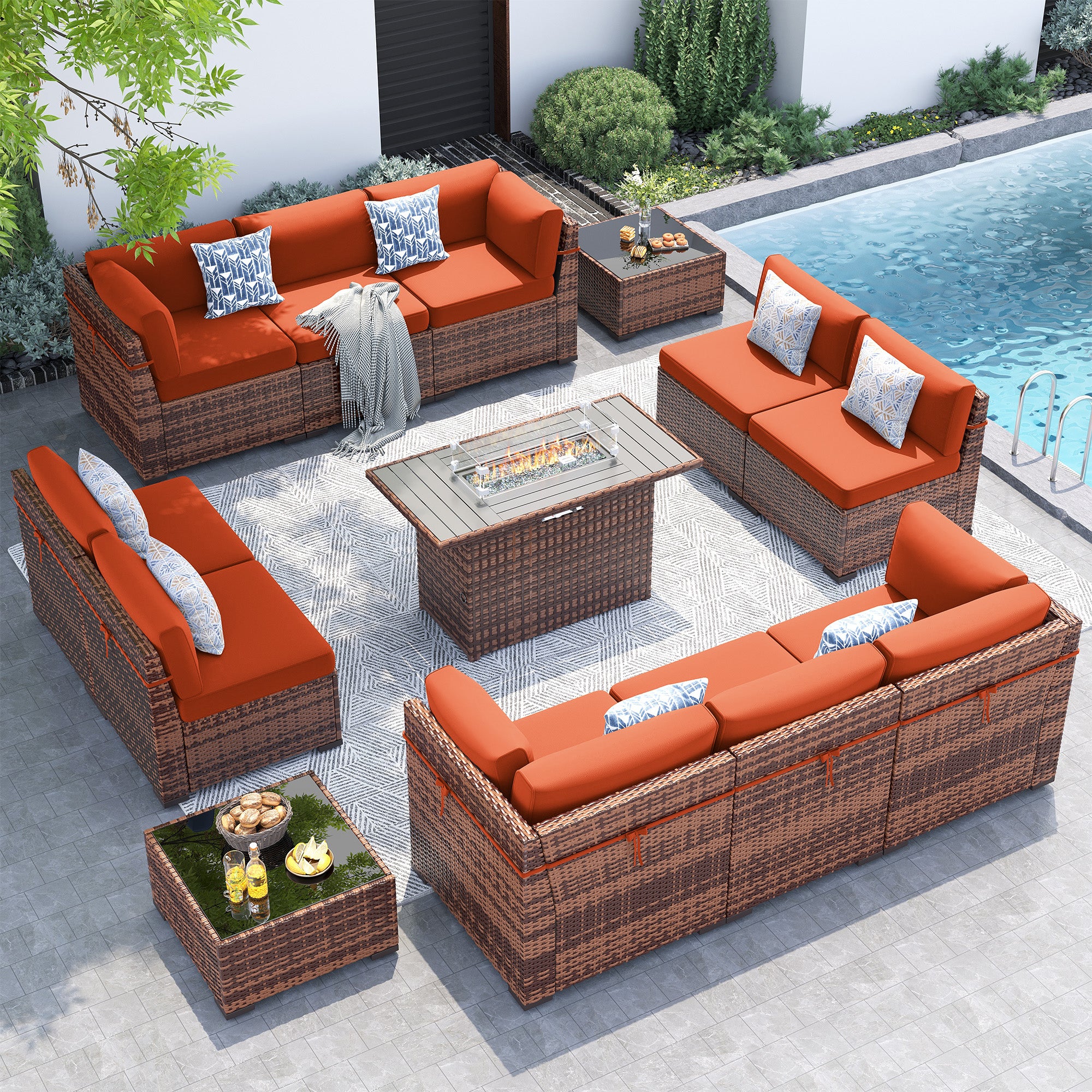 UDPATIO Patio Furniture Set With 44'' Fire Pit Table,Modular Outdoor Furniture Sets,Slanted Back Outdoor Sectional Conversation Set PE Rattan Sofa for Backyard W/Coffee Table,4'' Cushions,13PCS
