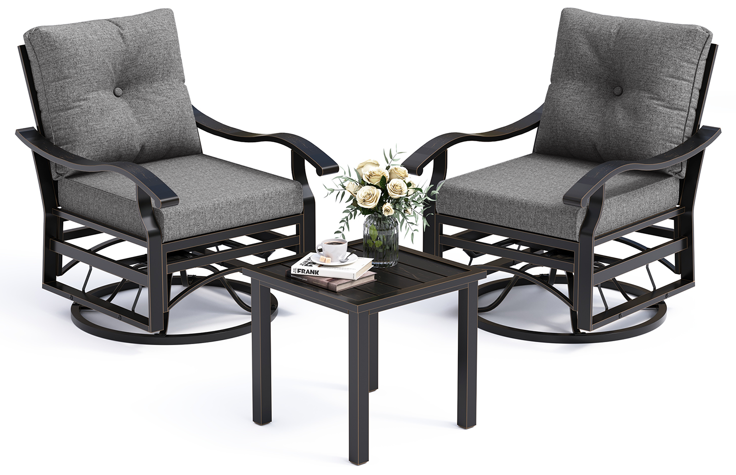 UDPATIO Outdoor Swivel Rocker Chairs, 3 Piece Metal Patio Rocking Chairs with Blue Padded Cushions Patio Bistro Furniture Set with Side Table for Porch Balcony Backyard