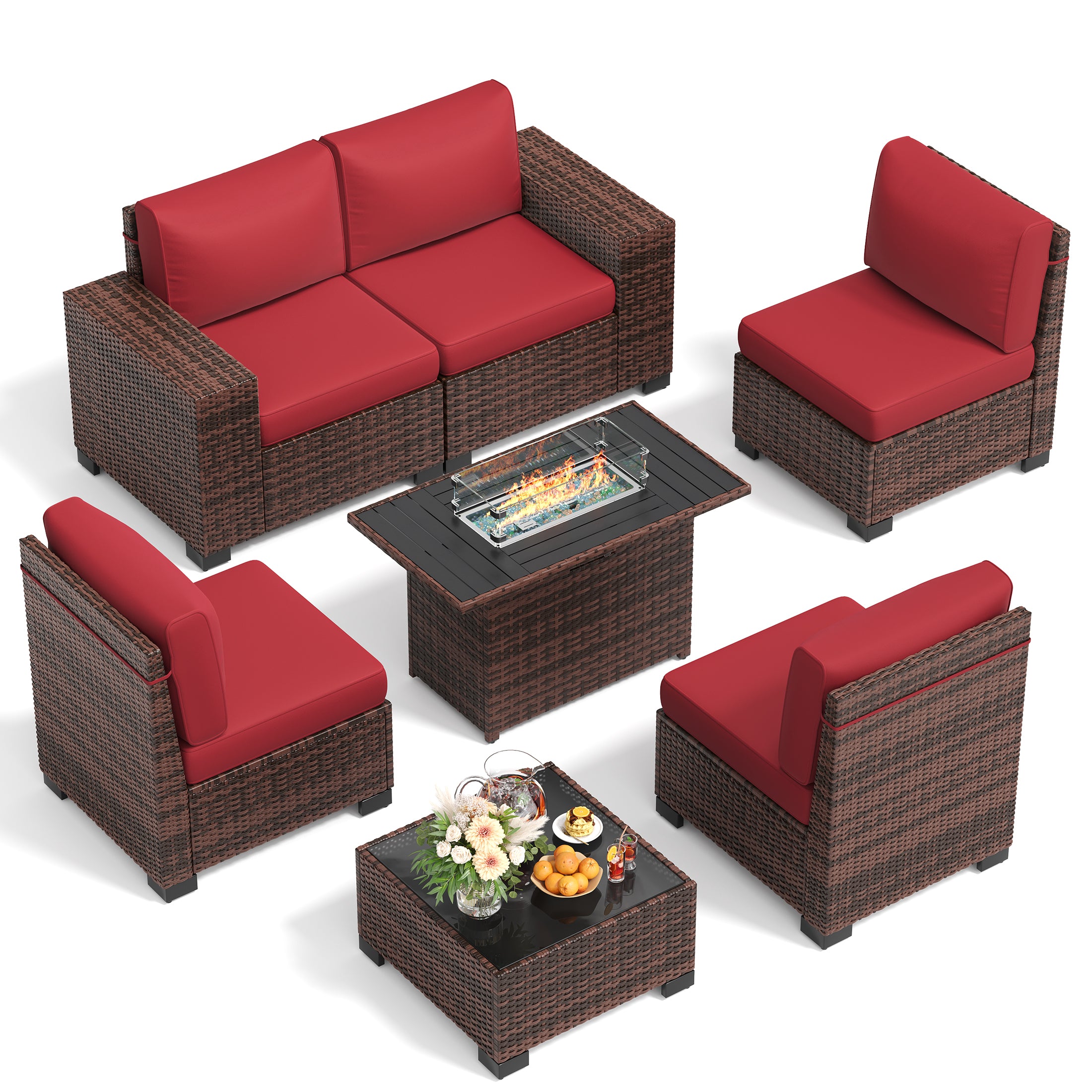 UDPATIO Patio Furniture Set with Fire Pit Table, Outdoor Patio Sofa Set With Wide Armrest, All-Weather Wicker Rattan Guest Set With Cushion And Glass Table And Waterproof Cover, Brown&Wine Red