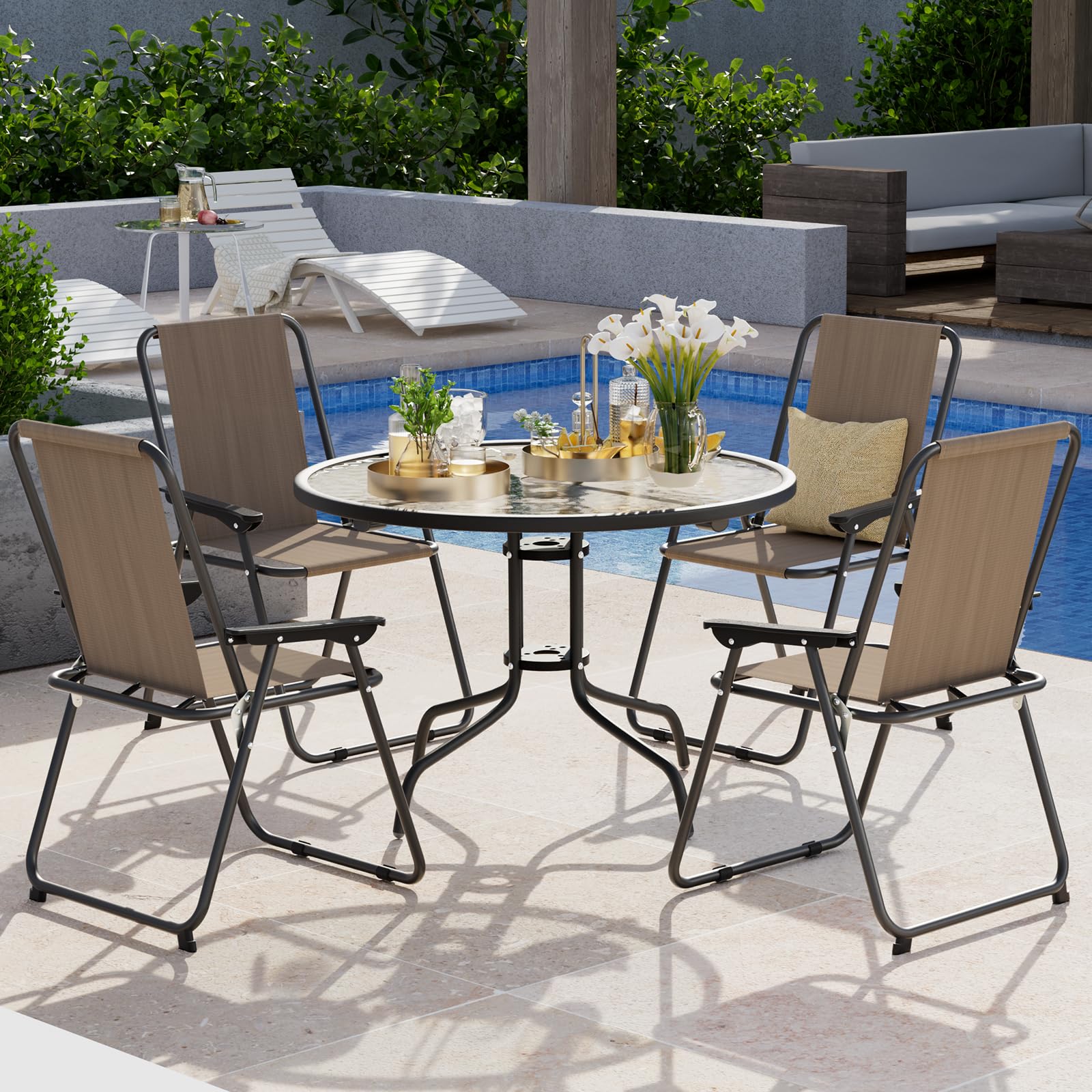 UDPATIO Folding Patio Chairs Set, Patio Dining Chairs Set of 4 and 31.5" Round Tempered Glass Metal Table with 1.57" Umbrella Hole, Brown